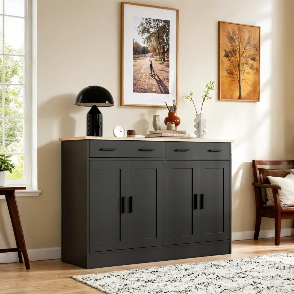 Anystyle Black Buffet Cabinet - Coffee Bar Cabinet with 2 Drawers & 4 Doors - Kitchen Buffet Sideboard for Living Room & Dining Room - Perfect for Home Storage, Entertaining & Displaying Decor