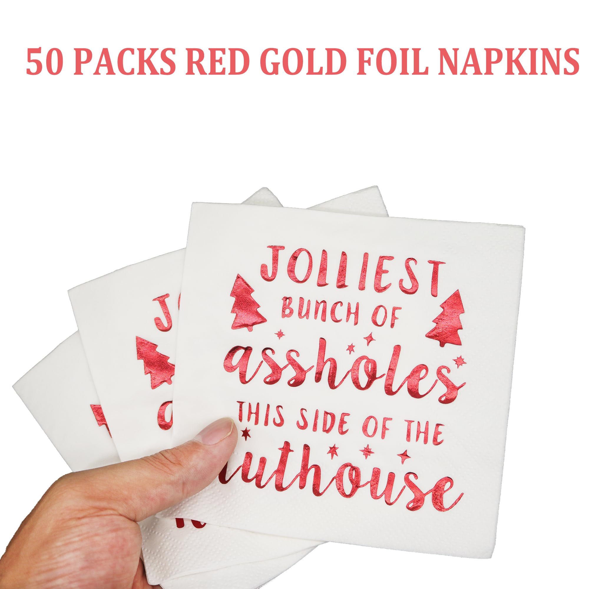 Jolliest Bunch of A-Holes Christmas Napkins - 50-Pack Red Foil 5x5 Inch Holiday Party Napkins | National Lampoon's Christmas Vacation Themed Decor | Perfect for Xmas Parties, Family Gatherings & Festive Decorations