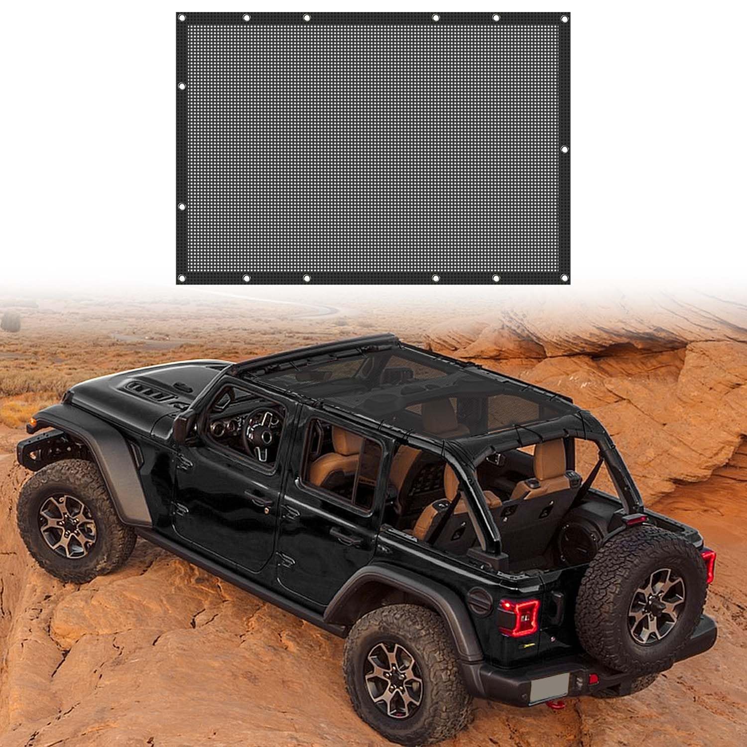 Jeep Wrangler JL JLU & Gladiator JT Sunshade Mesh Top Cover (2018-Up) - Black RT-TCZ Sunroof Shade for 4-Door Models | UV Protection & Heat Reduction for Off-Roading & Summer Driving