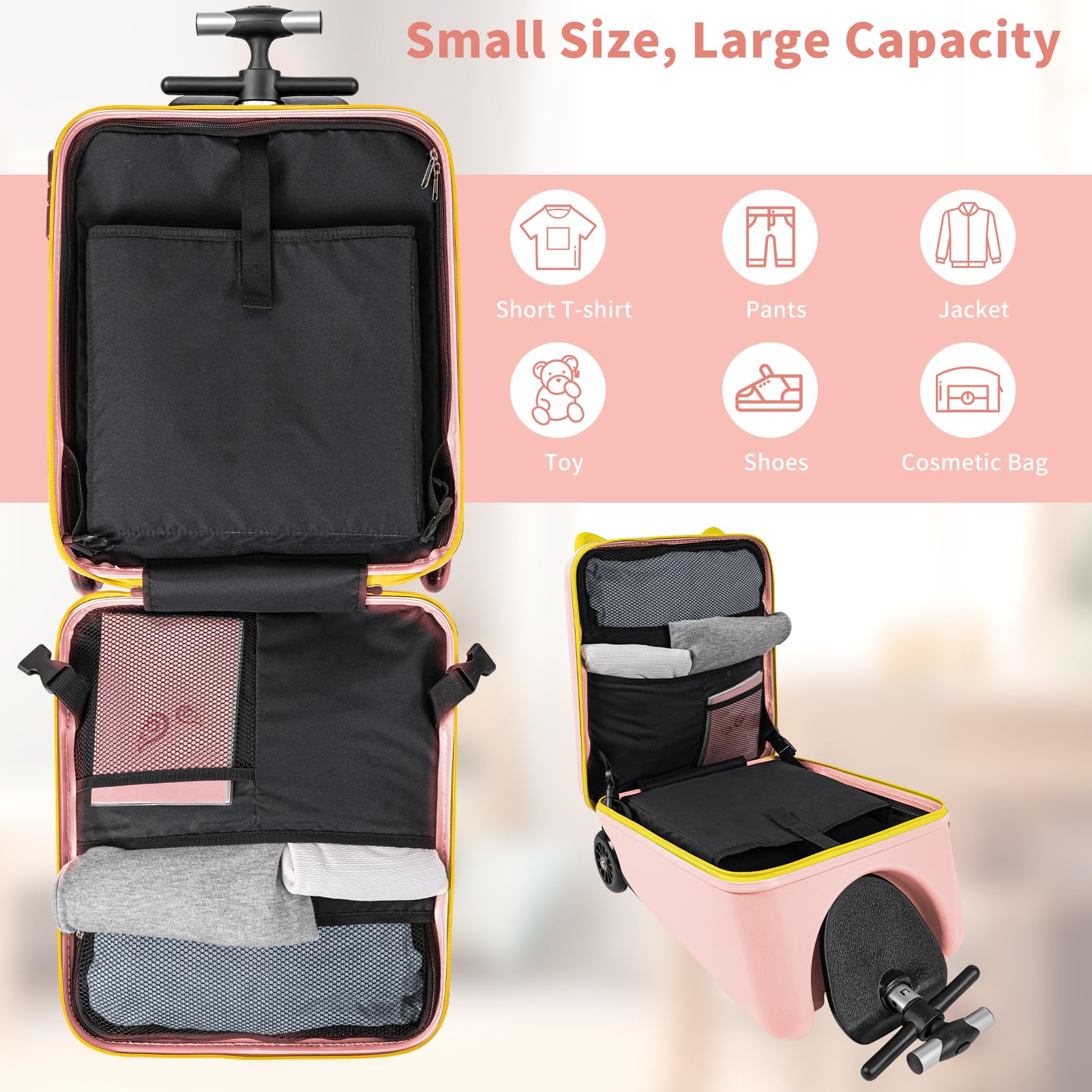 20'' Kids Ride-On Suitcase with Removable Stroller - Pink Carry-On Luggage with Child Seat & Wheels for Air Travel | Perfect for Family Vacations & Airport Adventures