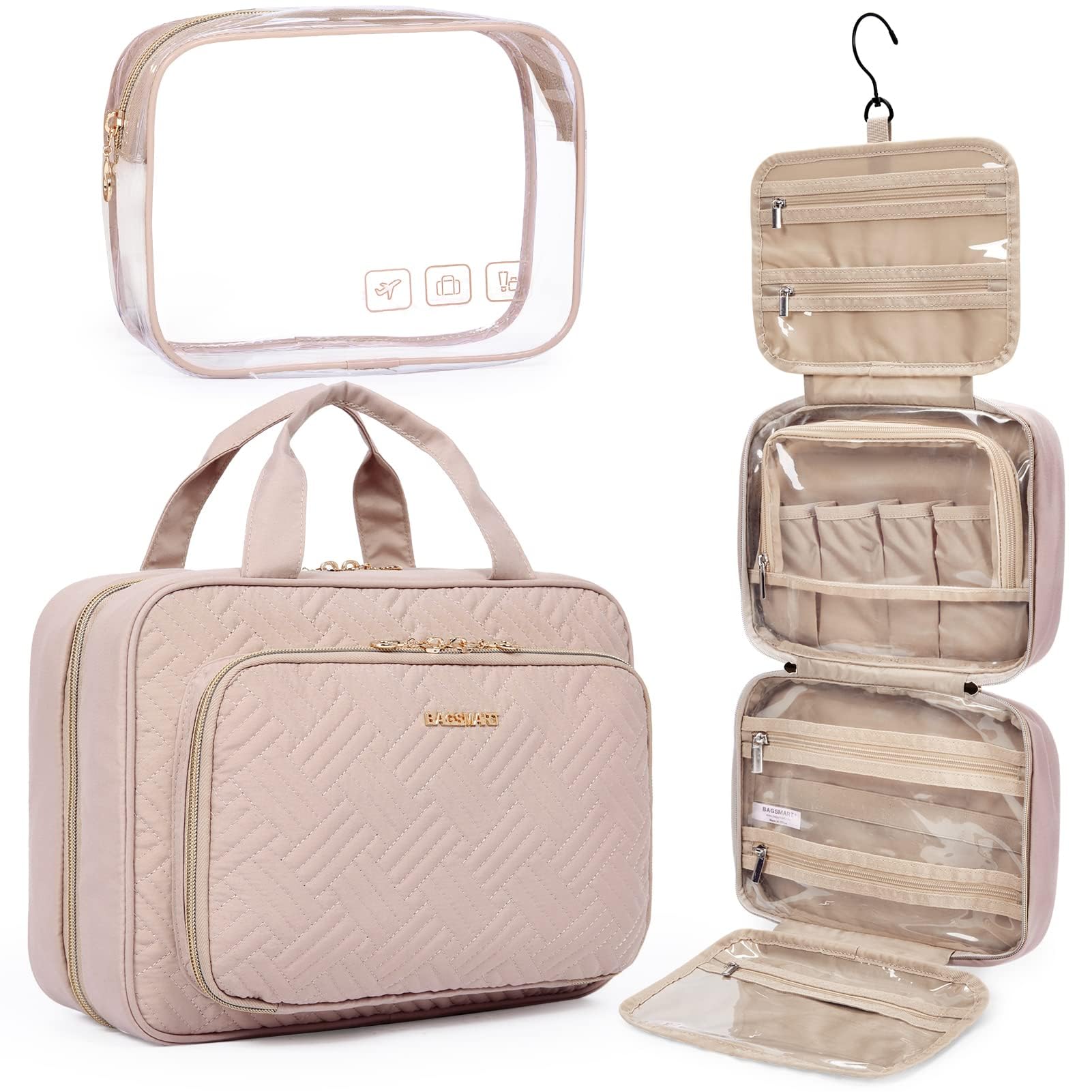 BAGSMART Hanging Travel Toiletry Bag with TSA Approved Clear Cosmetic Pouch - Large Pink Makeup Organizer for Full-Sized Toiletries | Perfect for Air Travel, Gym & Weekend Getaways