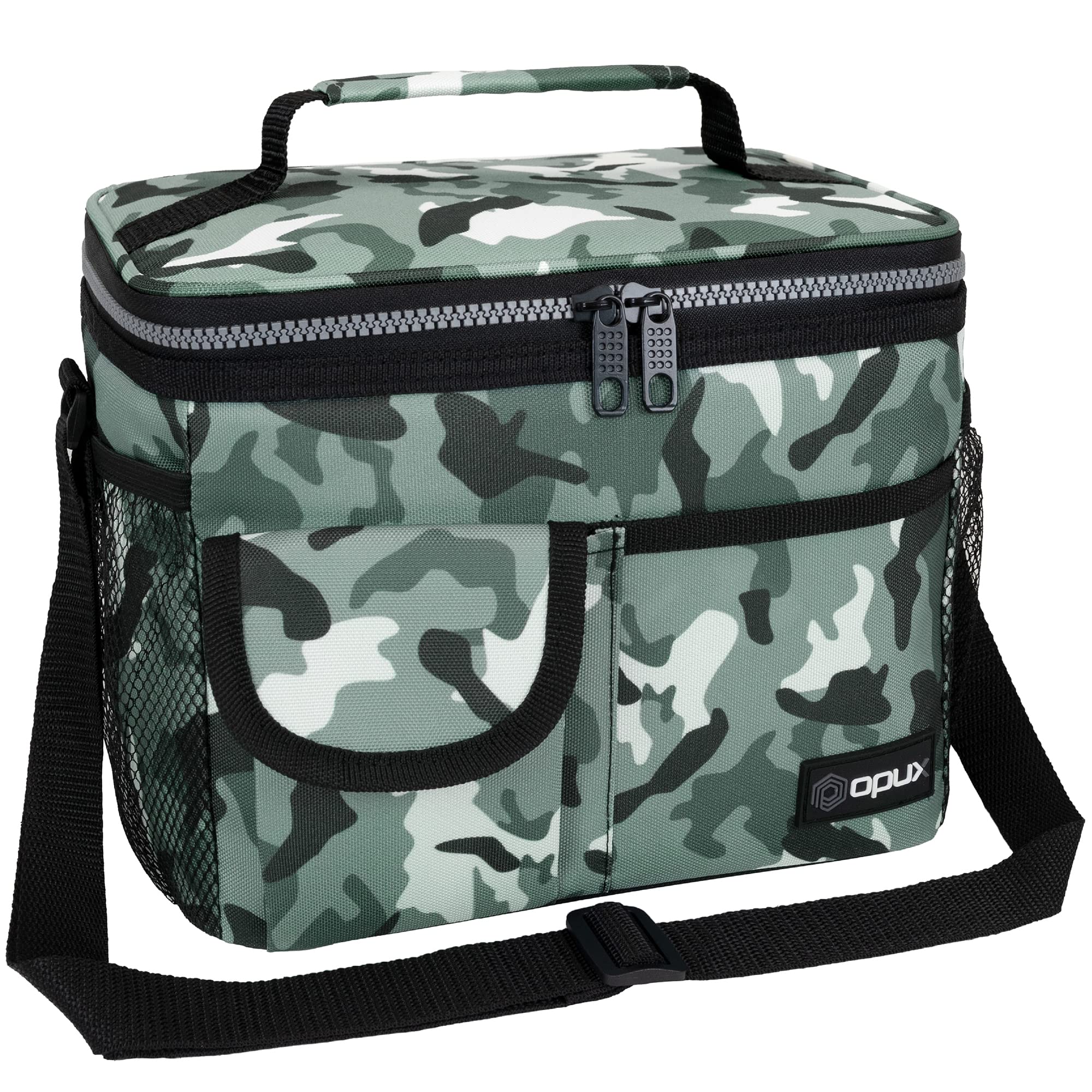 Opux Insulated Lunch Bag for Men & Women - Leakproof Camo Green Lunch Box for Work & School - Portable Soft Cooler Bag with Shoulder Strap - Adult & Kids Lunchbox (14 Can/8L Capacity) - Perfect for Office, Picnics & Outdoor Activities