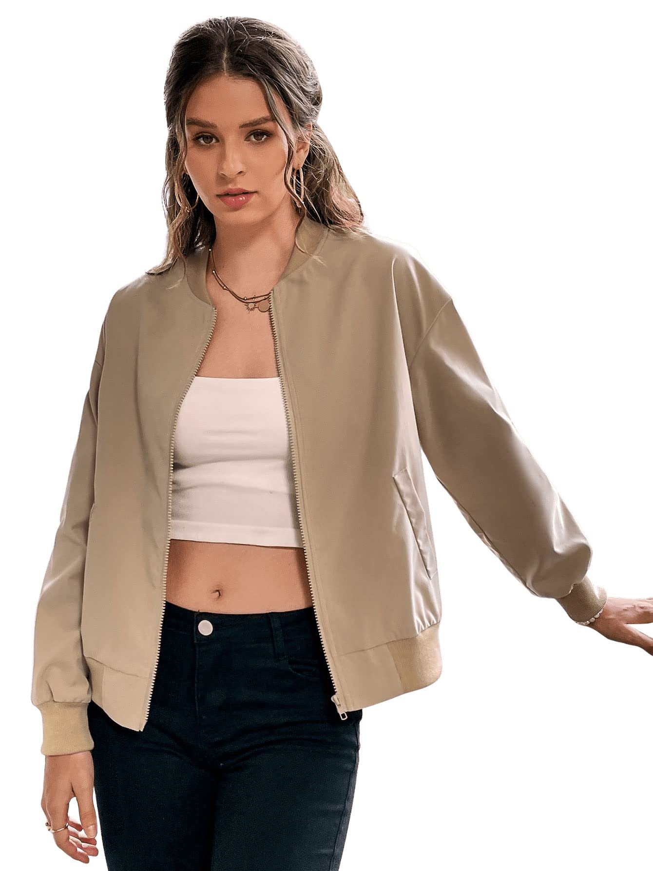 SweatyRocks Women's Lightweight Weatherproof Zip-Up Bomber Jacket with Pockets - Water-Resistant Sportswear Outerwear for Running, Hiking & Outdoor Activities