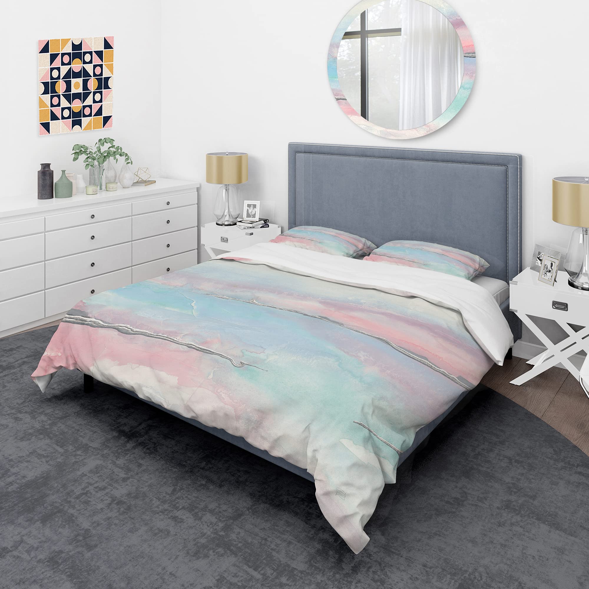 DesignQ Metallic Shabby Pink & Blue Duvet Cover Set Queen Size - 3 Piece Abstract Shabby Chic Bedding Collection for All Seasons | Perfect for Master Bedroom, Guest Room & Bohemian Home Decor