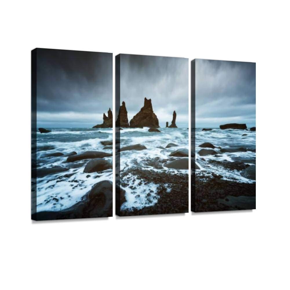 Reynisdrangar Cliffs Near Vik Town Iceland Stormy Coast Canvas Wall Art - 3 Panel Paintings for Living Room & Bedroom Decor - Coastal Landscape Wall Artwork Pictures for Home Decoration | Perfect for Beach House, Office or Scandinavian Style Interior Design