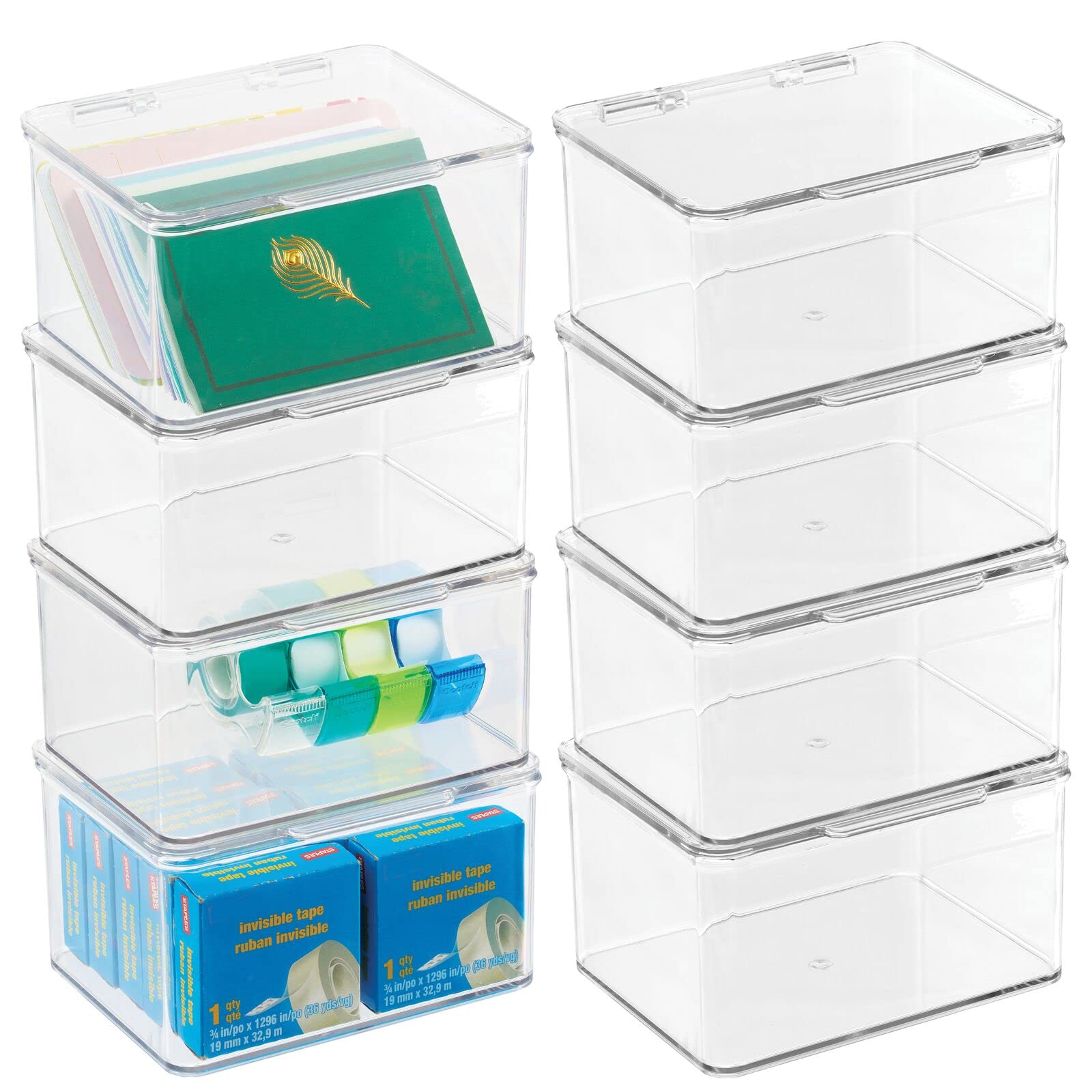mDesign 8-Pack Clear Small Plastic Storage Organizer Box with Hinged Lid - Perfect for Home & Office Desk Organization - Holds Pens, Pencils, Sticky Notes, Highlighters, Staples & Supplies - Ideal for Workspace, Craft Room, School or Dorm Organization