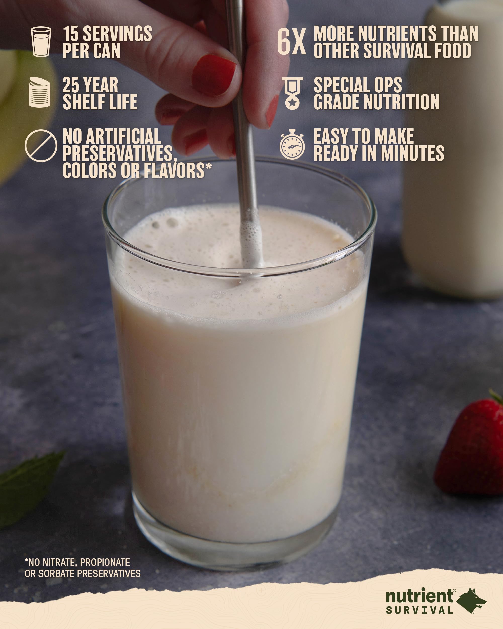 Nutrient Survival Protein Shake - Creamy Vanilla Whey Protein Powder | Freeze Dried Emergency Food with 40 Essential Nutrients | Gluten Free, 25 Year Shelf Life (15 Servings) - Perfect for Prepper Supplies, Camping & Survival Kits