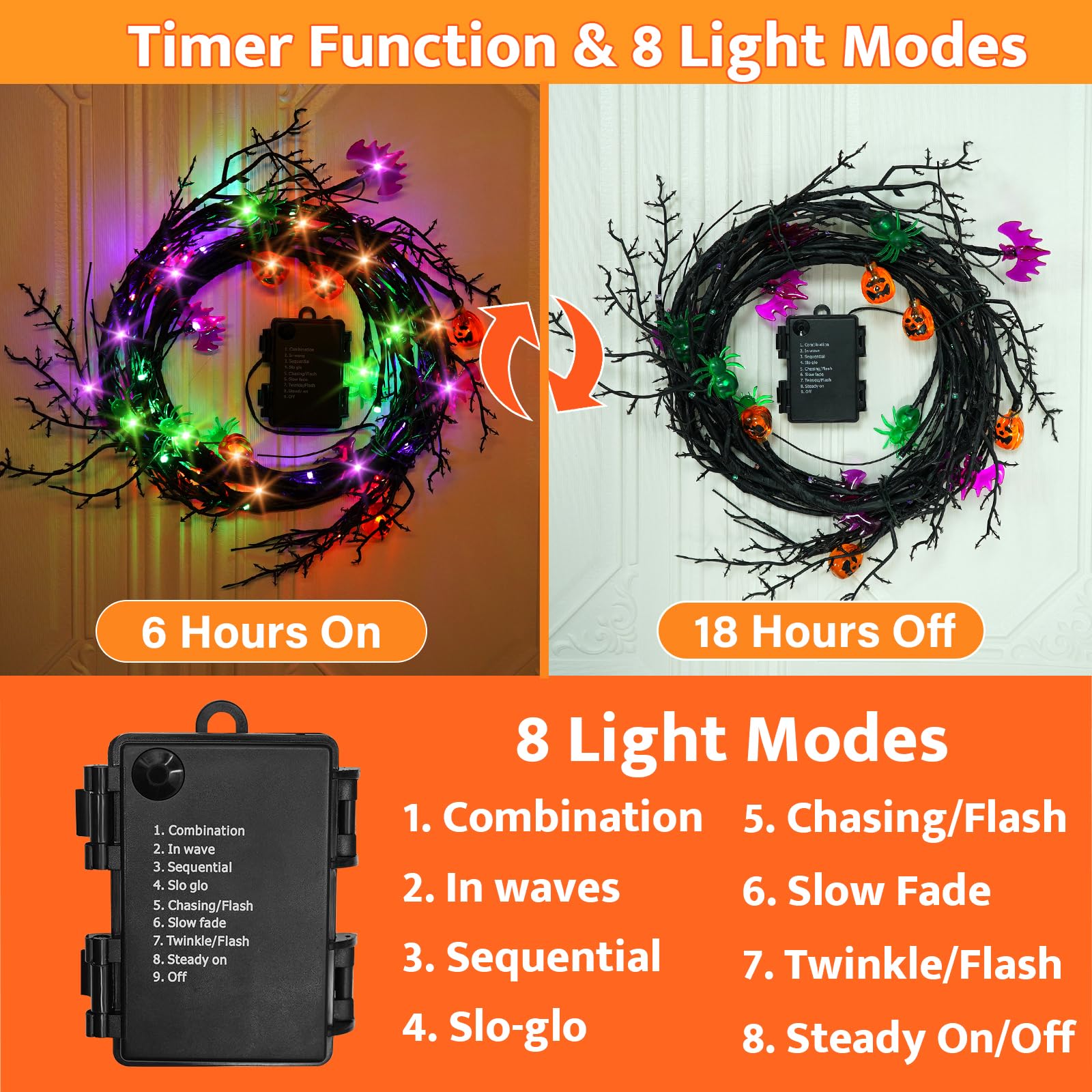 54 LED Willow Vine Twig Halloween Garland with 6 Bats, Pumpkins & Spiders - 8 Lighting Modes & Timer - 6ft Battery Operated Indoor Decor for Wall, Fireplace, Mantel & Party Backdrop