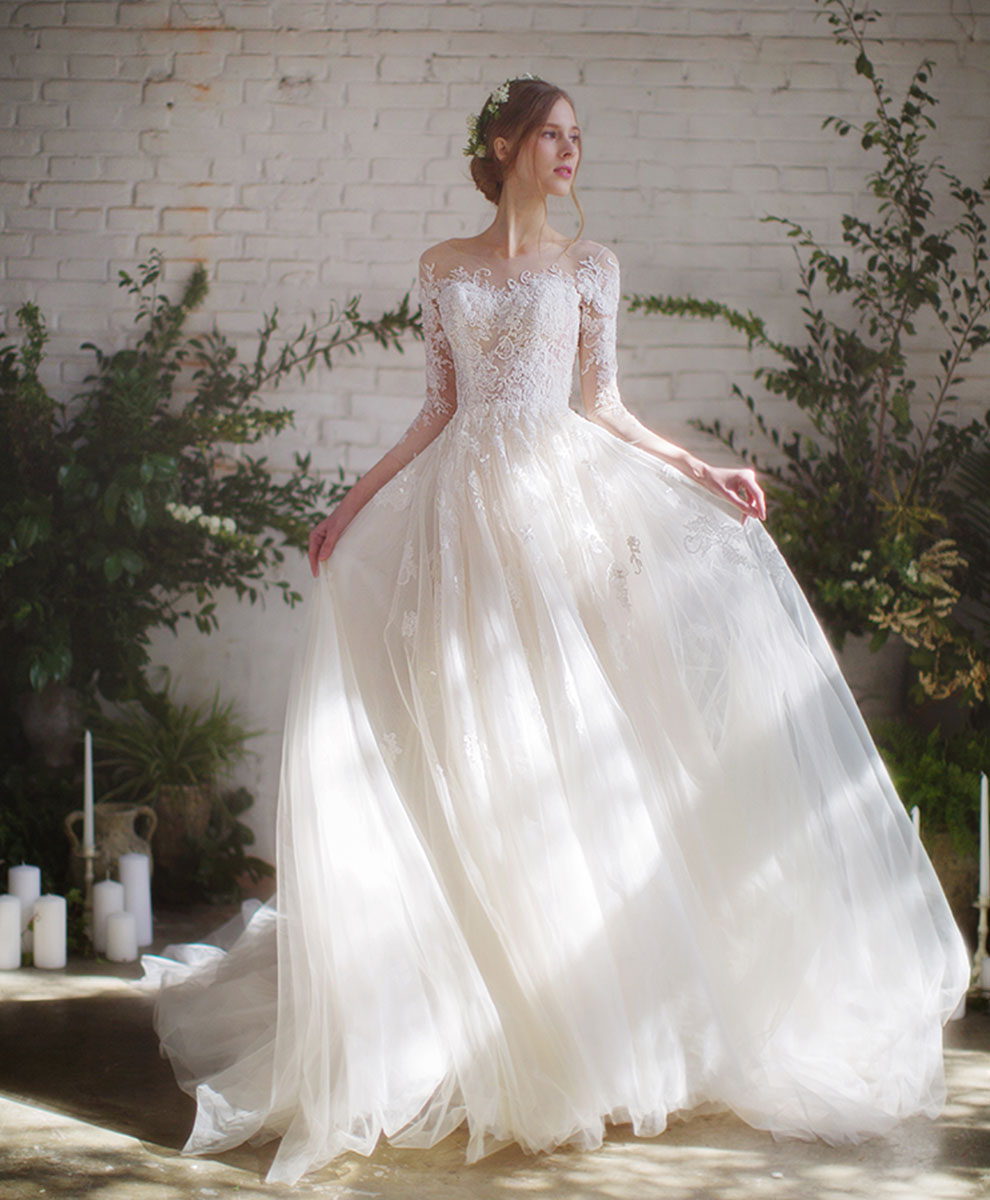 Elegant Light Champagne Tulle Lace Long Wedding Dress with Train - Romantic A-Line Bridal Gown for Church, Beach & Outdoor Ceremonies