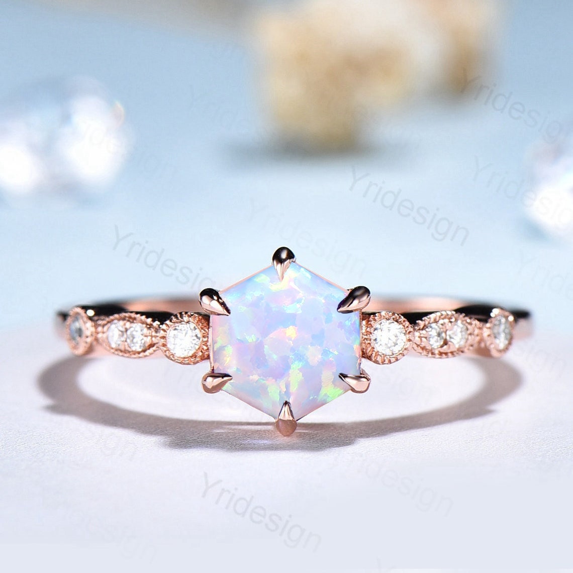 Hexagon Opal Ring - Dainty Vintage White Opal Engagement Ring, Art Deco 6-Prong Sterling Silver Simulated CZ Bridal Ring for Women, Promise Ring - Perfect for Weddings, Anniversaries & Special Occasions