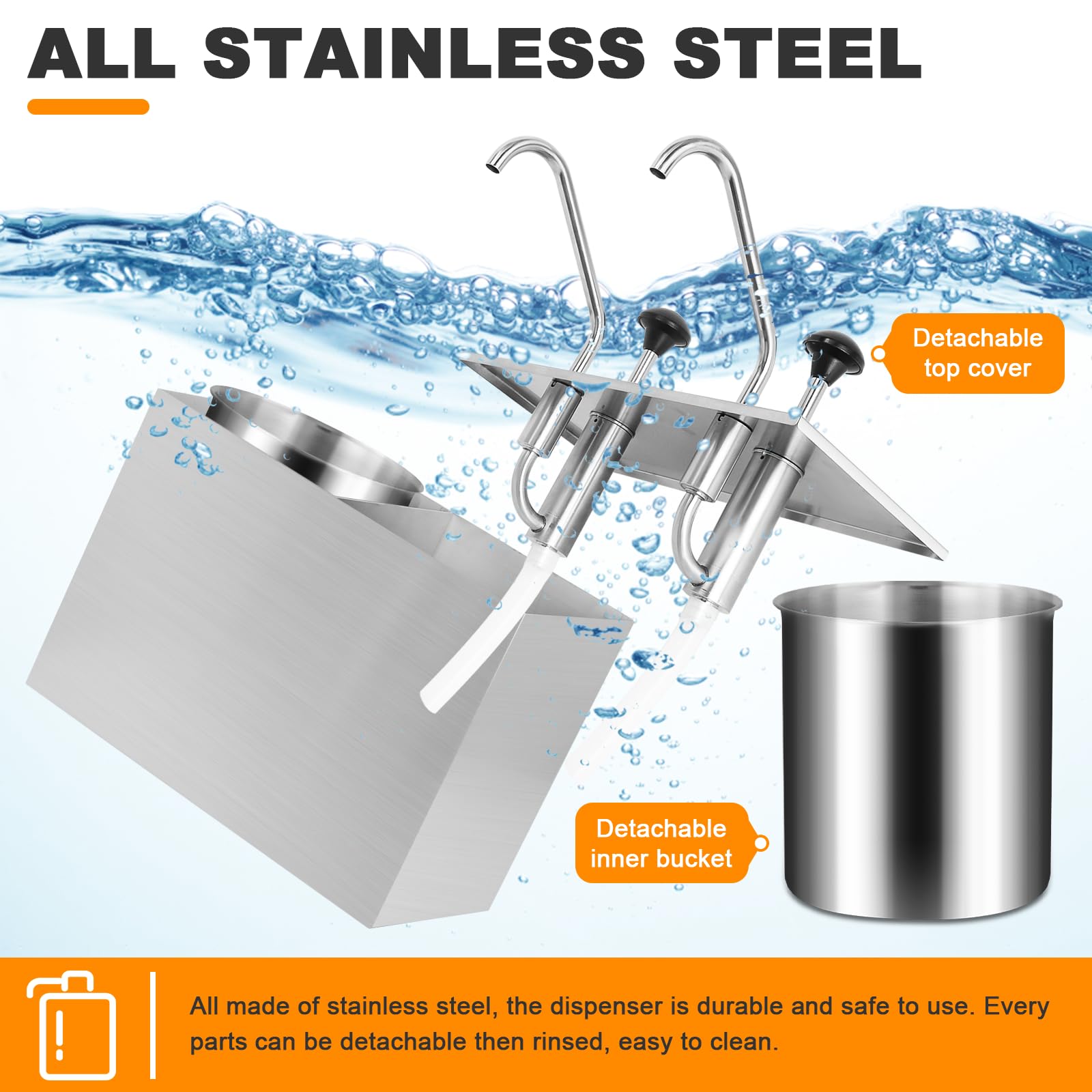 Commercial Stainless Steel Sauce Dispenser Pump - 7.4 Quart Condiment Pump Station for Ketchup, Dressing, Syrup, Jam & BBQ Sauce | Perfect for Restaurants, Cafes, Food Trucks & Catering Services