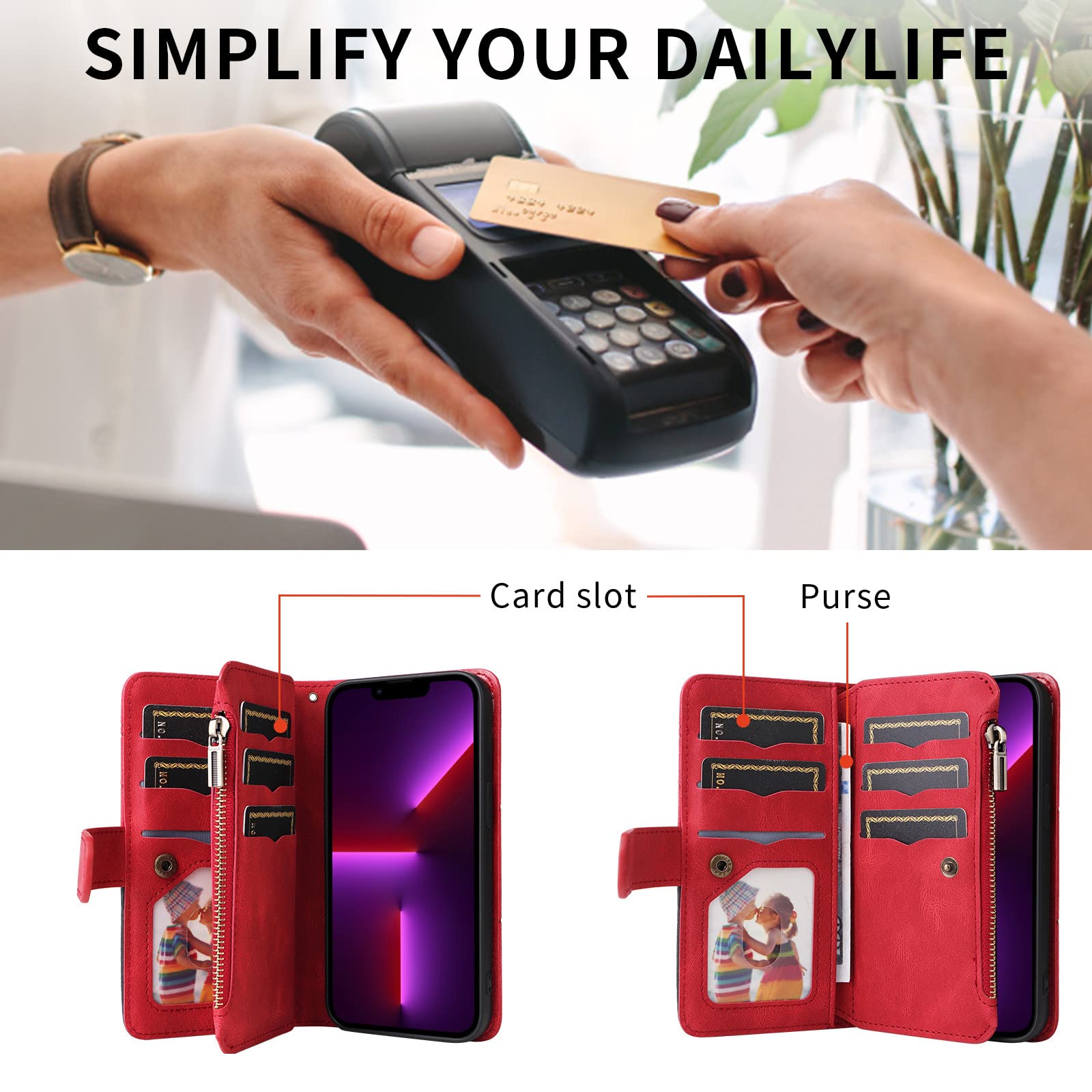 XYZ PU Leather Flip Wallet Case for OnePlus Nord N20 5G & Oppo A96 5G - Zipper Purse Phone Cover with 9 Card Slots & Wrist Strap (Red) | Perfect for Travel, Shopping & Everyday Use
