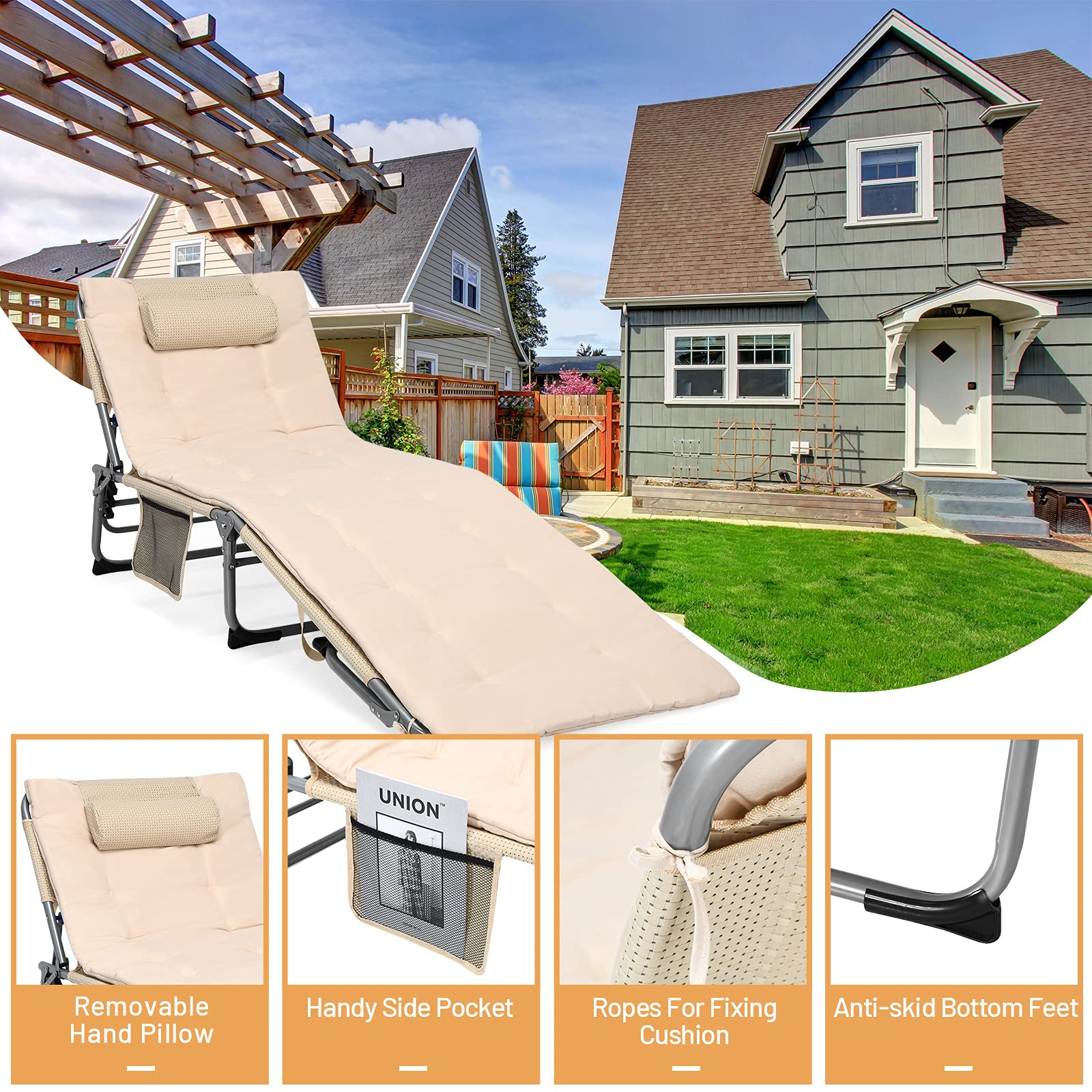 Tangkula 4-Position Folding Chaise Lounge Chair with Mattress & Pillow - Tri-Fold Portable Reclining Chair with Side Pocket, 330 LBS Weight Capacity - Perfect for Beach, Pool, Camping, Patio & Backyard Relaxation (Beige)