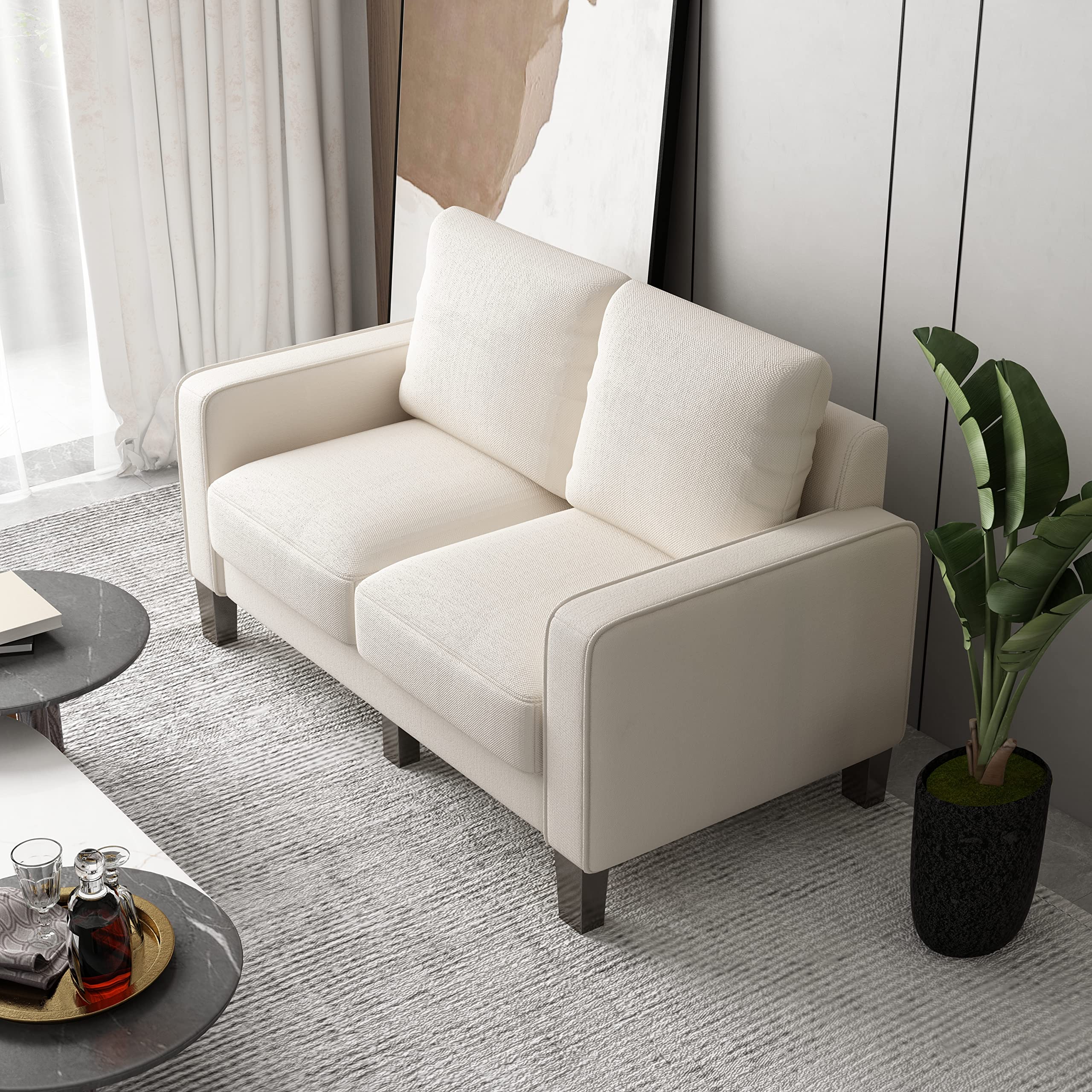 Kevinplus Modern 2-Seat Loveseat Sofa - Linen Upholstered Couch for Living Room, Home Office & Small Spaces - Comfortable Beige Furniture for Apartments, Dorms & Cozy Reading Nooks