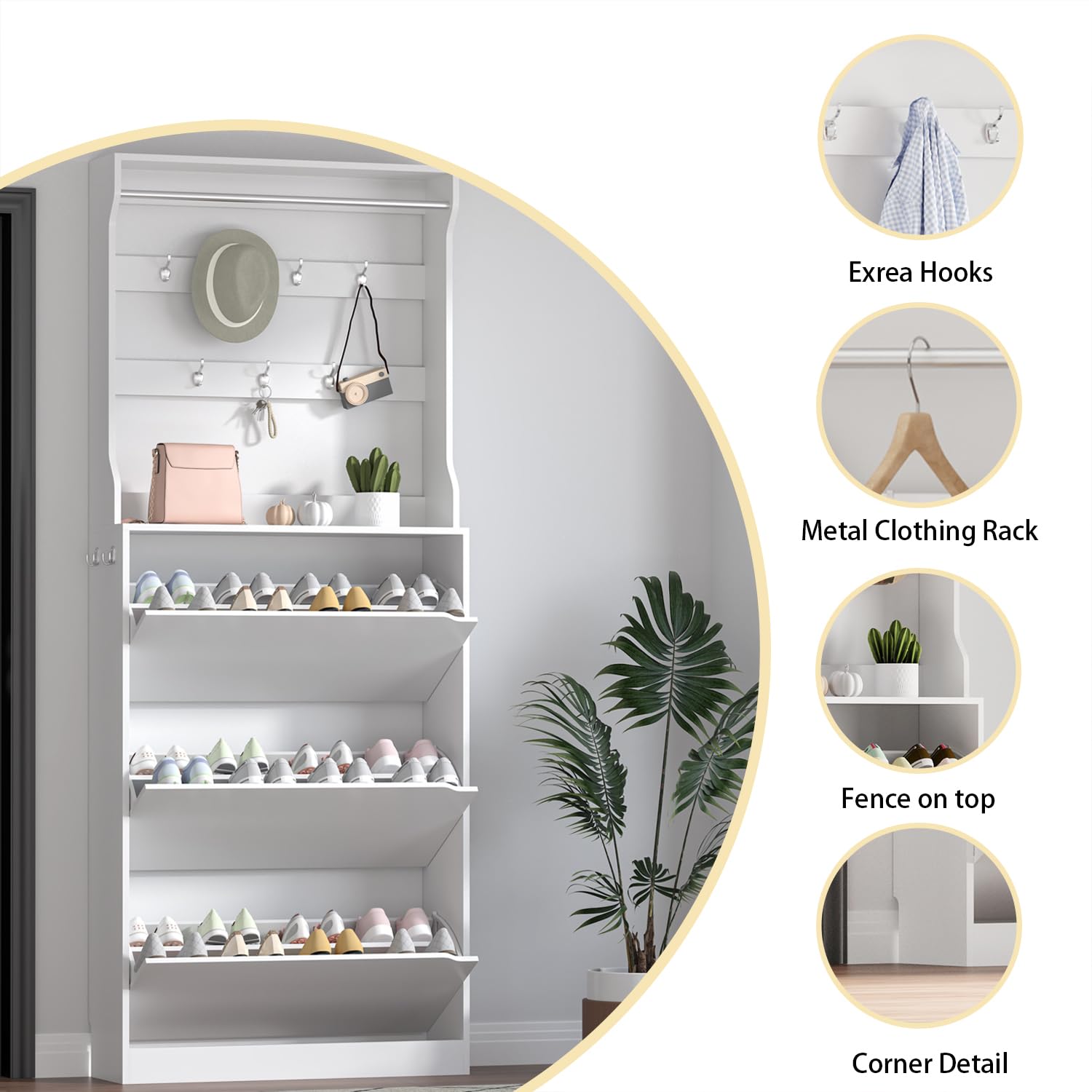 Modern White Slim Shoe Storage Cabinet with 3 Flip Drawers & Coat Rack - Freestanding Narrow Entryway Organizer for Hallway, Living Room & Bedroom - Space Saving Wooden Shoe Rack for Home Décor