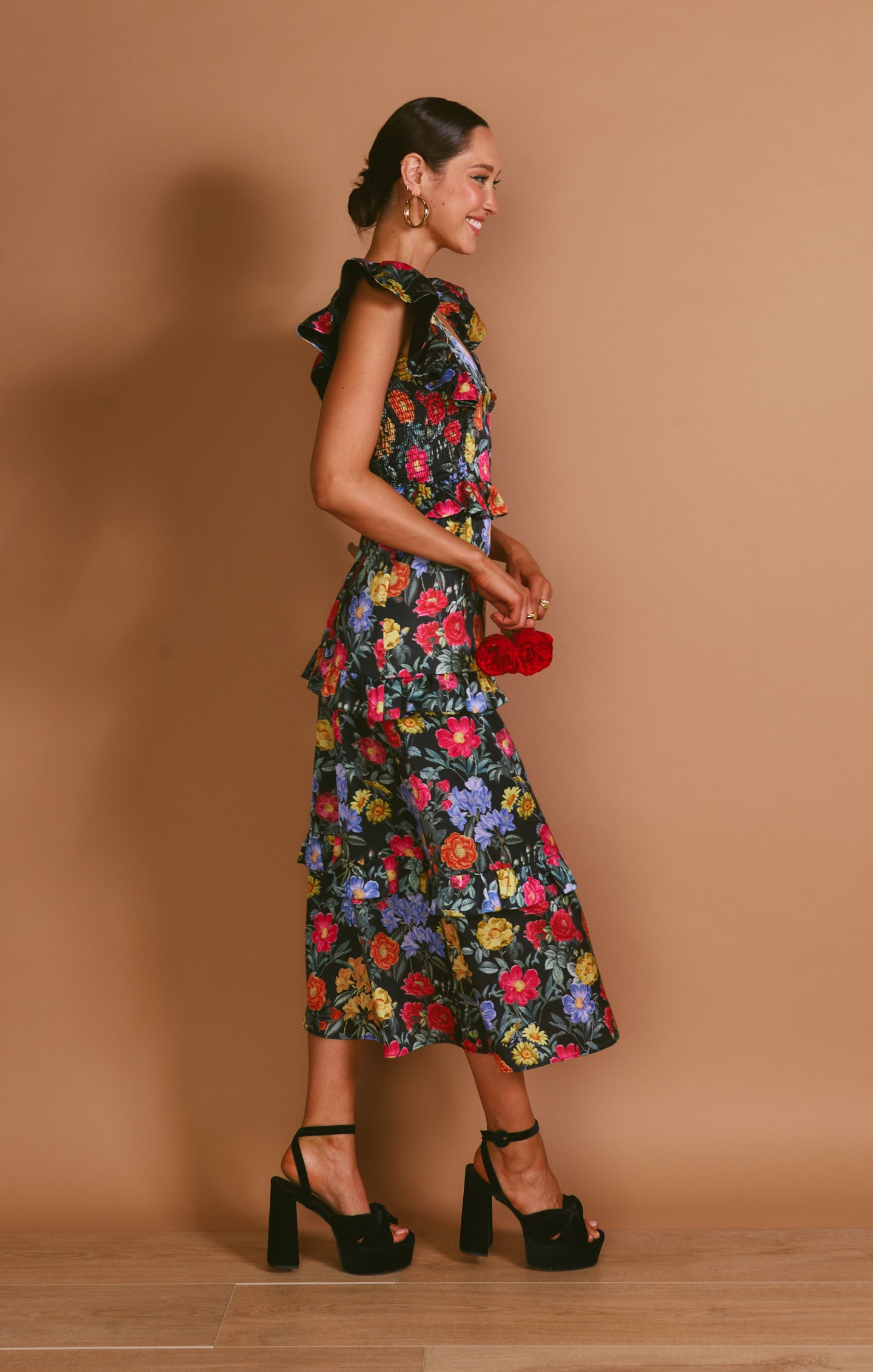 Lindsay Midi Dress - Elegant Black Satin Floral Dress for Women | Perfect for Cocktail Parties, Date Nights & Special Occasions