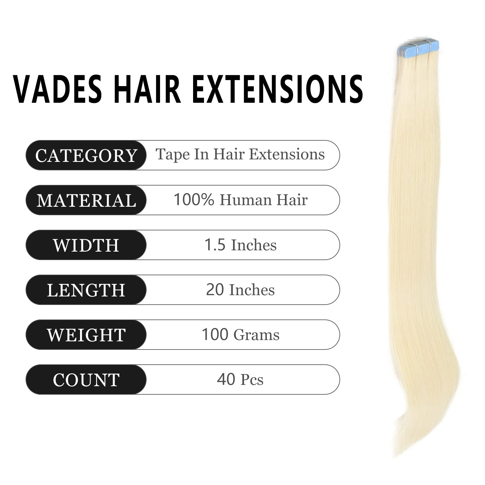 VADES Tape In Hair Extensions 20 Inch - 100% Remy Human Hair, 60 Platinum Blonde, 40 Pieces (100g) - Invisible Seamless Skin Weft for Natural Look | Perfect for Weddings, Parties & Daily Styling