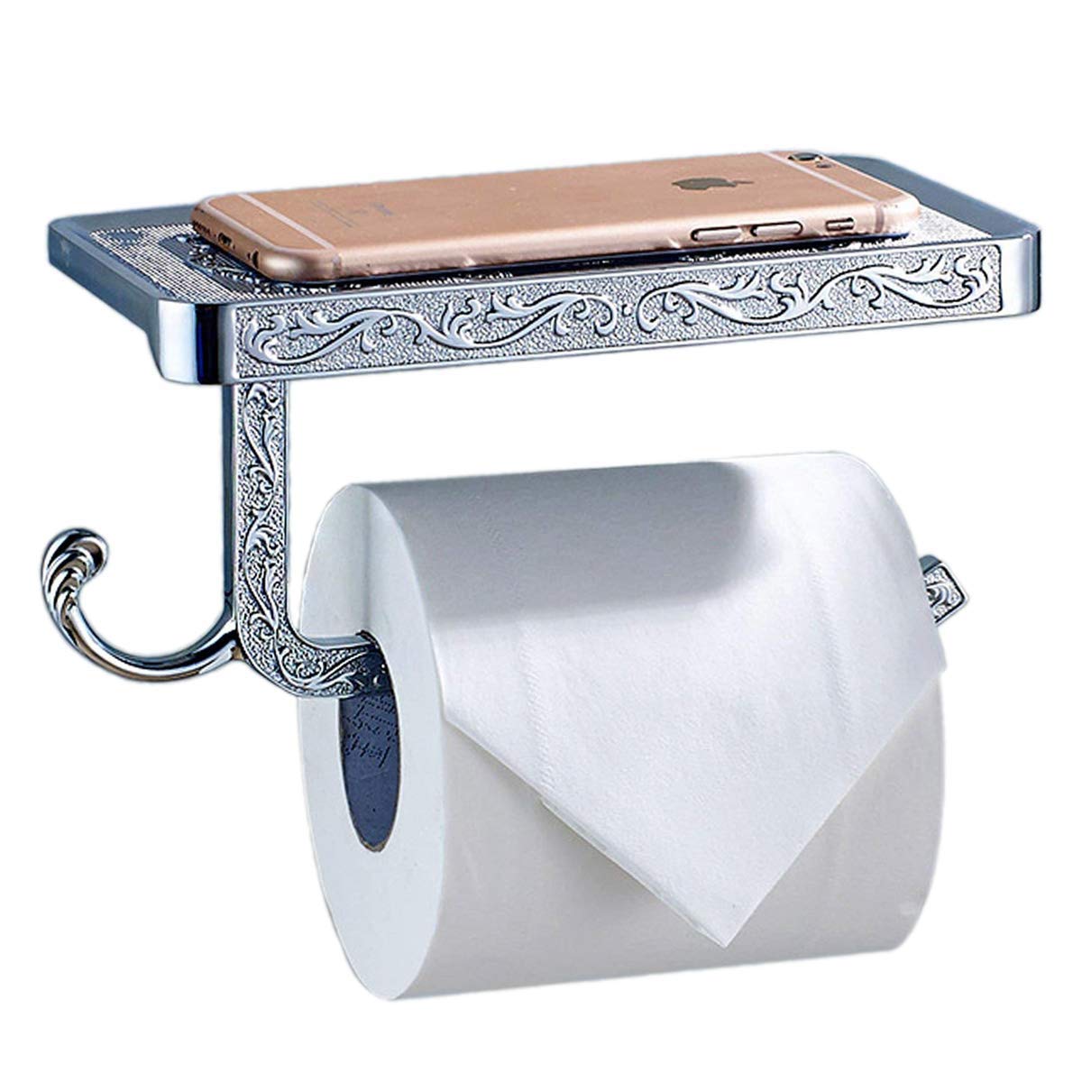 Vintage Style Reversible Toilet Paper Holder with Phone Shelf & Hook - Chrome Finish Bathroom Accessory for Modern & Classic Decor - Perfect for Small Spaces, Apartments & Guest Bathrooms
