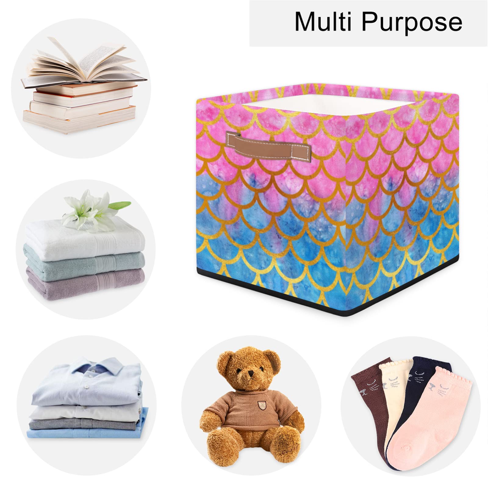 AUUXVA Large 13x13In Collapsible Storage Cube Bin with Handles - Pink Blue Mermaid Scales Fabric Storage Basket for Closet, Shelves, Nursery, Toys | Home Organization Solution for Bedroom, Playroom & Office