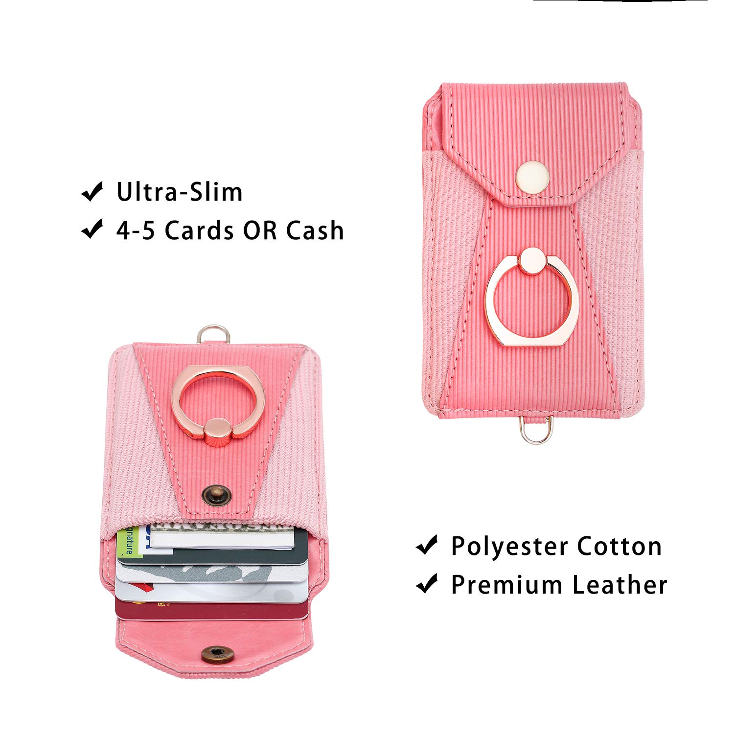 Pink Adhesive Stick-on Cell Phone Card Holder with Ring Grip Stand & Detachable Neck Strap - Wallet Pocket for Credit Cards, ID & Cash - Perfect for Hands-Free Shopping, Travel & Daily Commute
