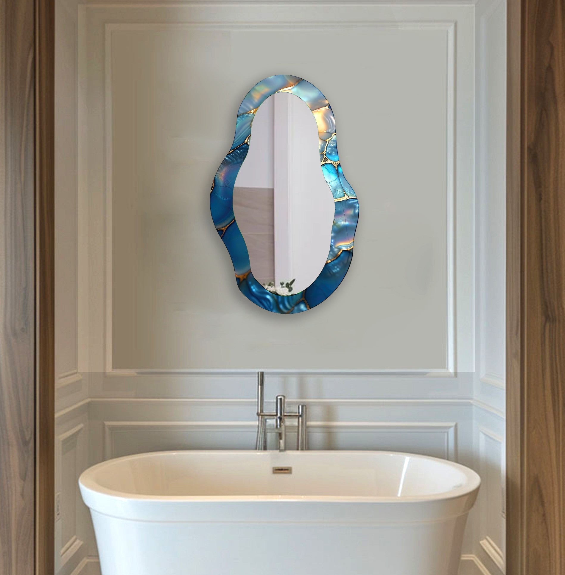 Blue Metallic Asymmetrical Wall Mirror - Modern Decorative Mirror for Living Room, Bedroom & Entryway - Unique Home Decor Accent Piece
