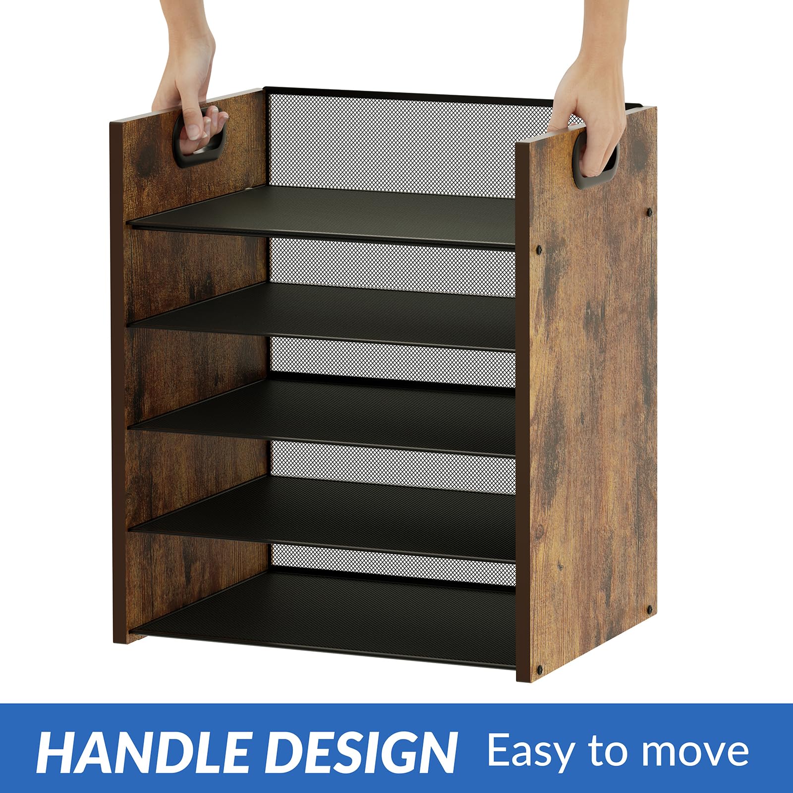 5-Tier Wooden File Organizer for Desk with Handle - Mesh & Metal Office Paper Organizer, Home Office & School File Cabinet - Perfect for Bills, Mail, Documents & Office Supplies Storage
