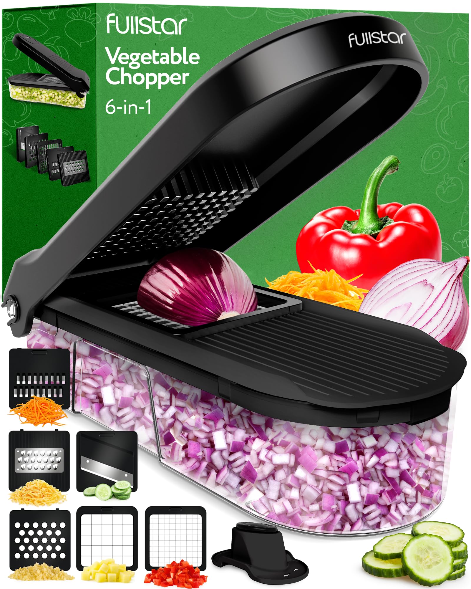 Fullstar 6-in-1 Vegetable Chopper & Mandoline Slicer with Cheese Grater - Food Chopper with Container - Kitchen Gadgets & Home Essentials (Black) - Perfect for Meal Prep, Salad Making & Quick Cooking