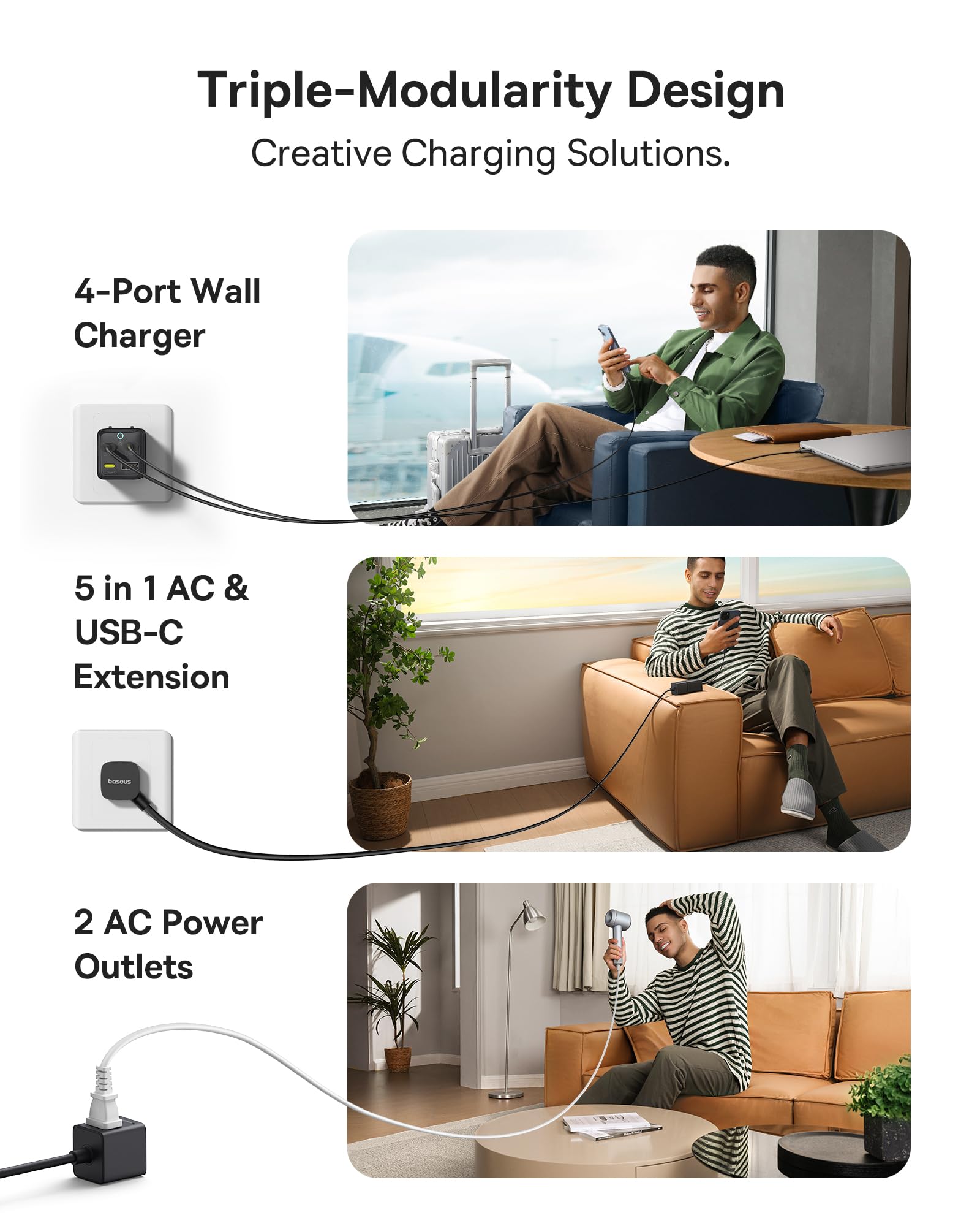 Baseus 67W 5-in-1 Detachable Travel Charging Station with USB C Fast Charger & 2 AC Outlets - 5ft Flat Extension Cord for MacBook Pro, iPhone, iPad, Samsung - Perfect for Cruise Travel, Office & Home Use
