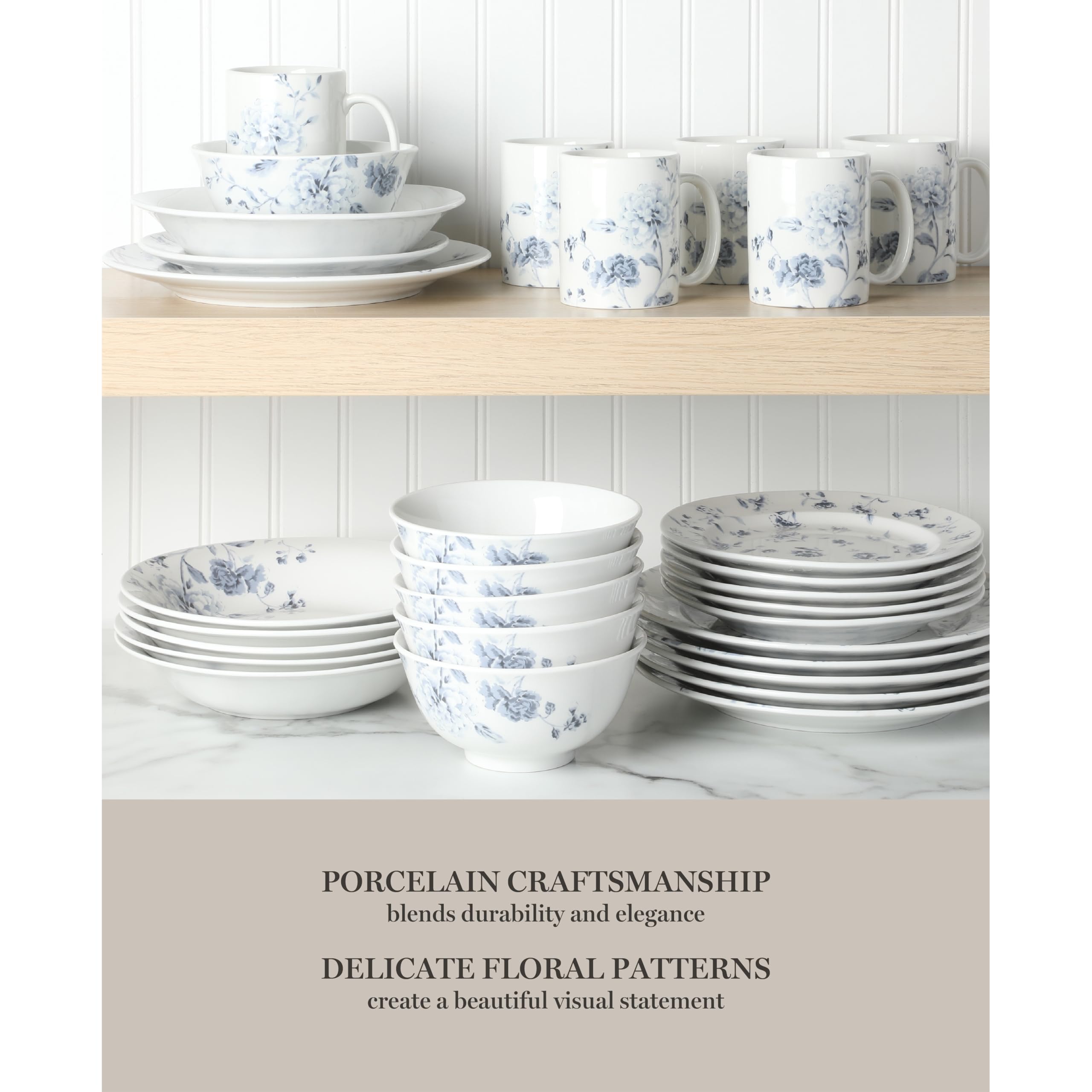 Martha Stewart Empress Bouquet Blue Floral Porcelain Dinnerware Set - 30-Piece Plates & Bowls for 6, Elegant Table Setting for Weddings, Holidays & Formal Dining