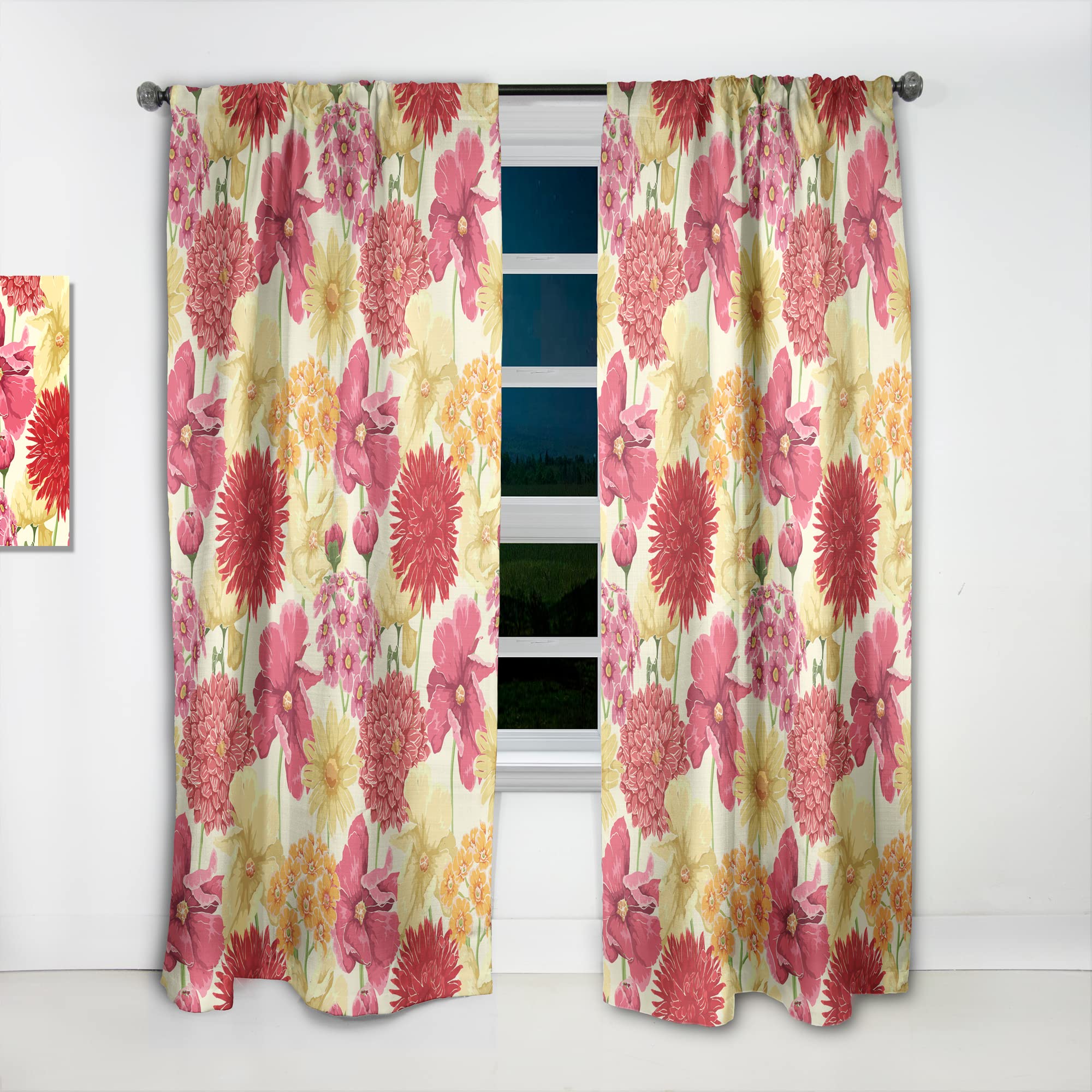 DesignQ Floral Curtains - Red, Pink & Yellow Flower Pattern - Thermal Insulated Single Panel (52x108 inches) for Bedroom & Living Room - Perfect for Home Decor & Light Blocking