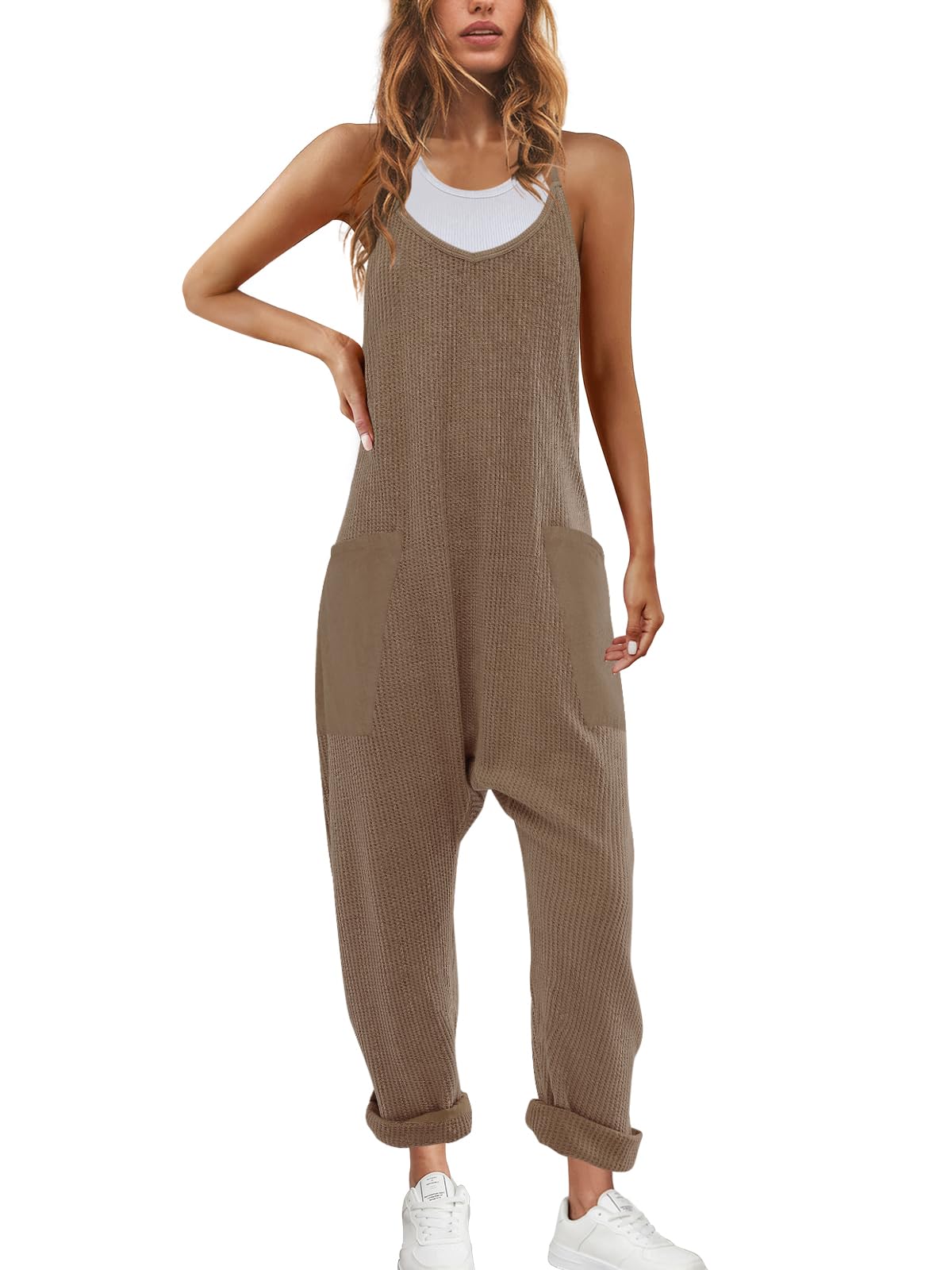 Nirovien Women's Waffle Knit Jumpsuit - Oversized Sleeveless Romper with Pockets | Casual One Piece Outfit for Fall | Perfect for Lounge Wear, Street Style & Travel Outfits