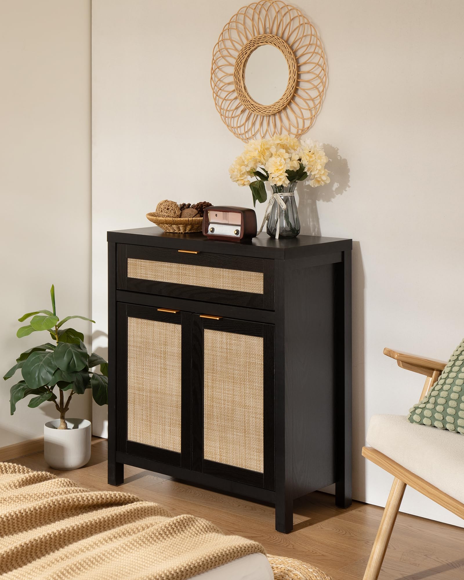 SICOTAS Modern Rattan Sideboard Buffet Cabinet with Doors & Drawer - Entryway Storage, Living Room Console Table, Coffee Bar Organizer - Black Accent Furniture for Home Decor