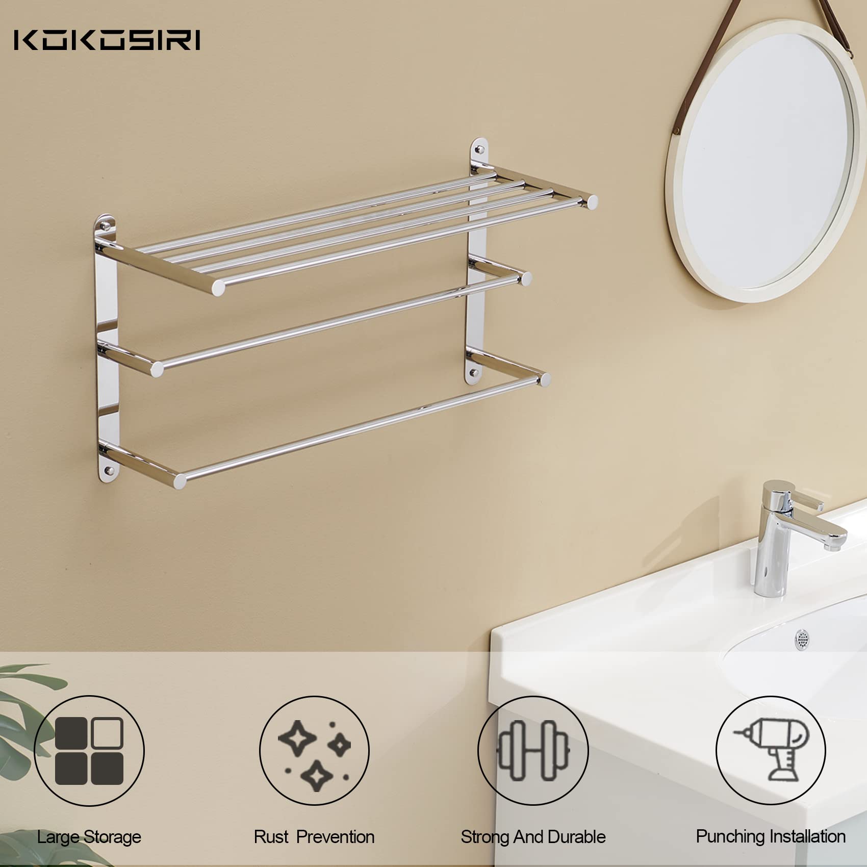 KOKOSIRI Double Towel Rack with Shelf - Wall Mounted Bathroom Storage Organizer, Polished Chrome (B5003CH) - Perfect for Small Bathrooms & Space-Saving Organization