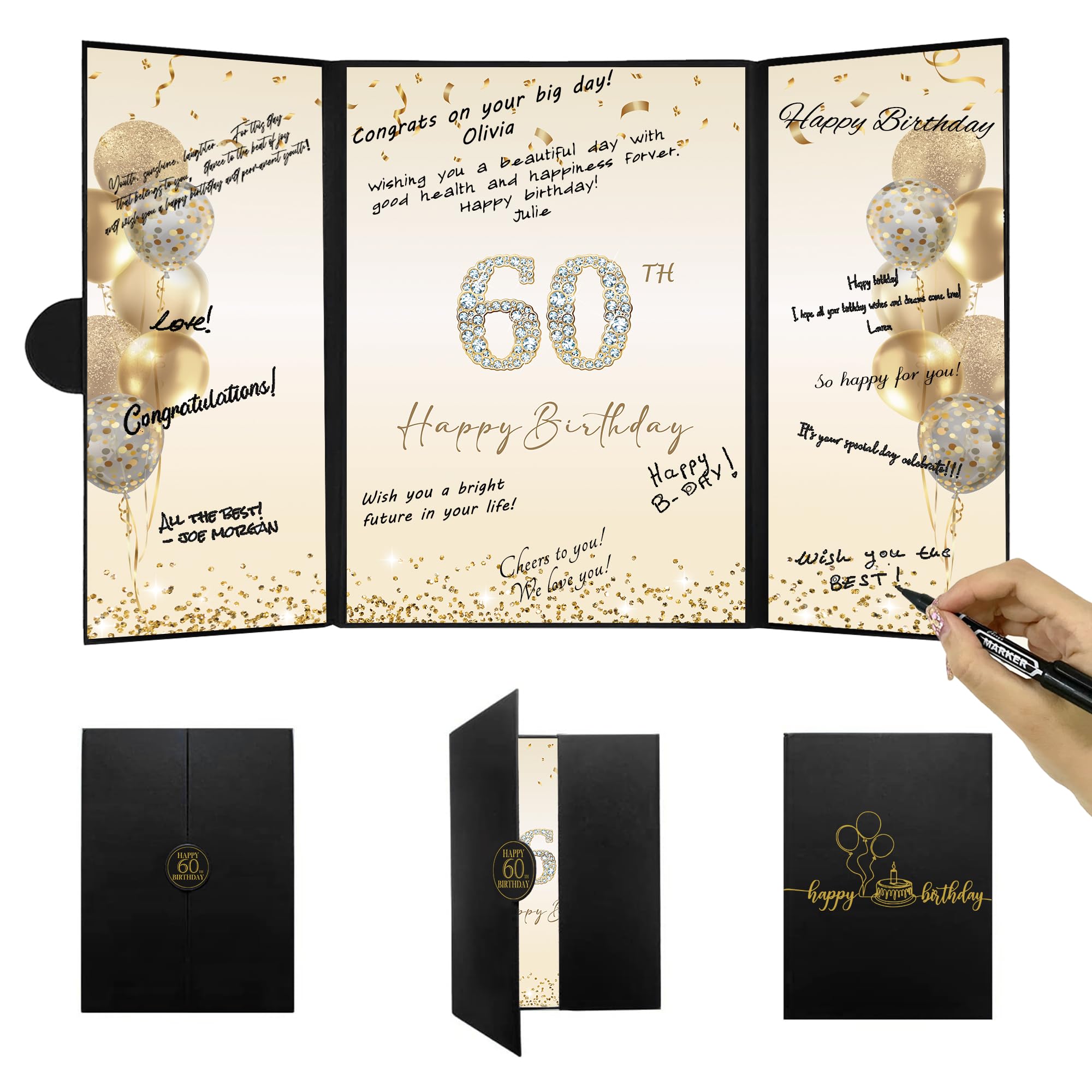 DARUNAXY Black Gold 60th Birthday Party Decorations Set - Happy 60th Birthday Guest Book Alternative for Men & Women - Cheers to 60 Years Signing Board Card - Perfect for Milestone Birthday Parties, Retirement Celebrations & Anniversary Gifts