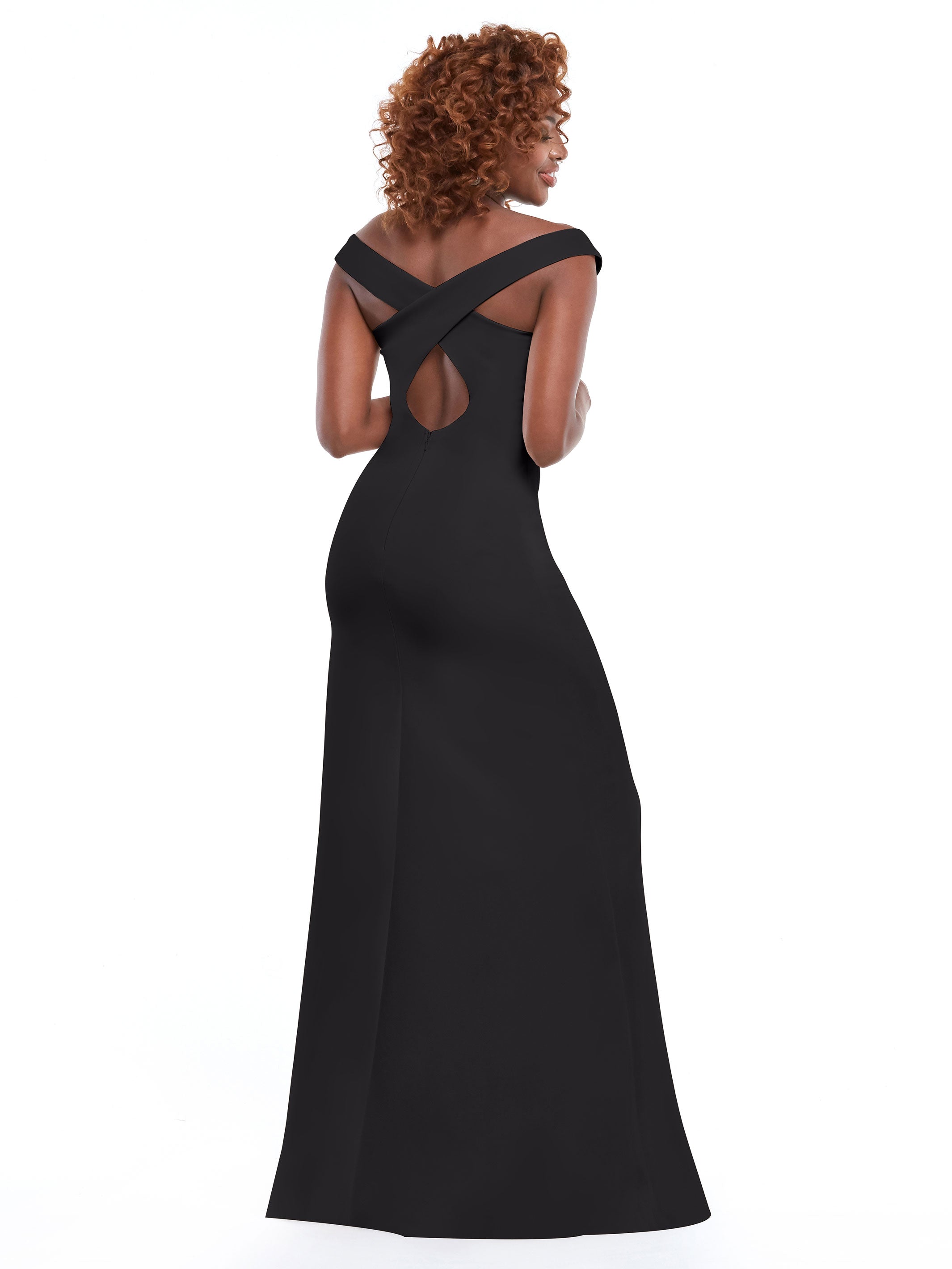 Elegant Off-the-Shoulder Double Knit Bridesmaid Dress with Thigh Slit - Perfect for Weddings, Prom & Formal Events