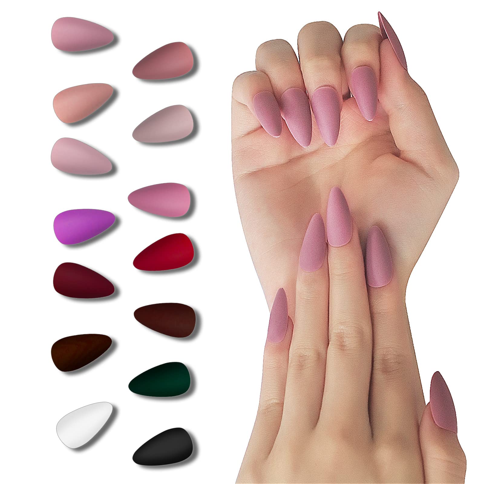 EchiQ 14 Packs Press on Nails - Medium Almond Shape Stiletto Artificial False Nails with Unique Designs (336pcs) - Matte Finish Fake Nails for Women, Perfect for Parties, Weddings & Everyday Wear