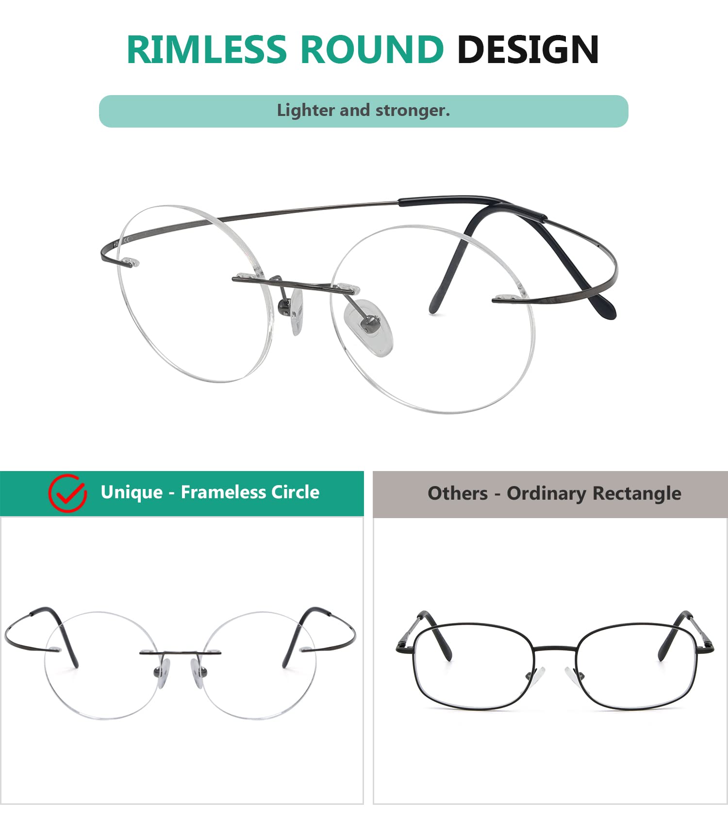 Titanium Rimless Round Reading Glasses for Men - Lightweight Circle Readers with Spring Hinges | Perfect for Office, Reading & Computer Work