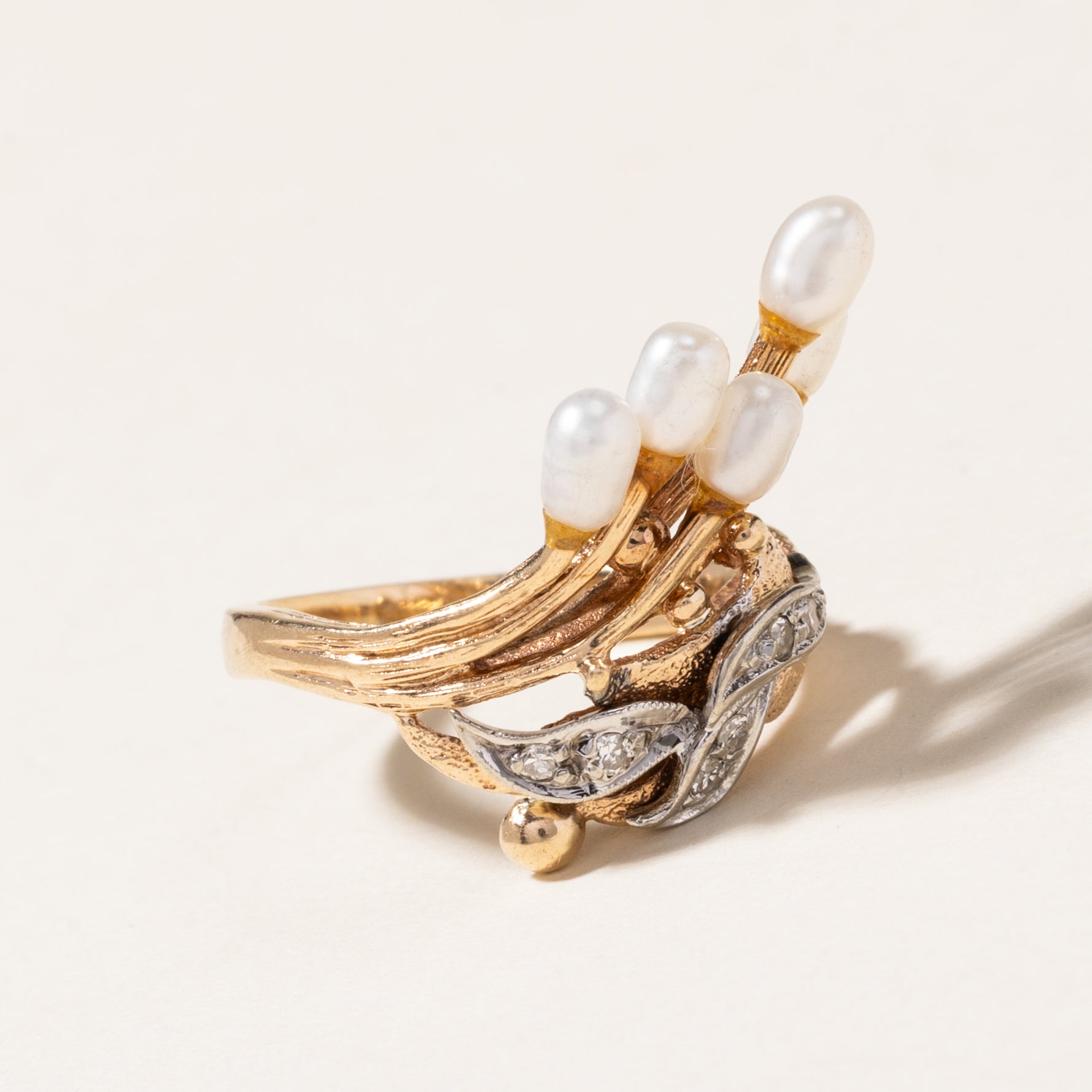 Elegant Pearl & Diamond Abstract Cocktail Ring - 3.00mm x 4.50mm, 0.03ctw - Size 4.75 - Perfect for Evening Parties, Weddings & Special Occasions