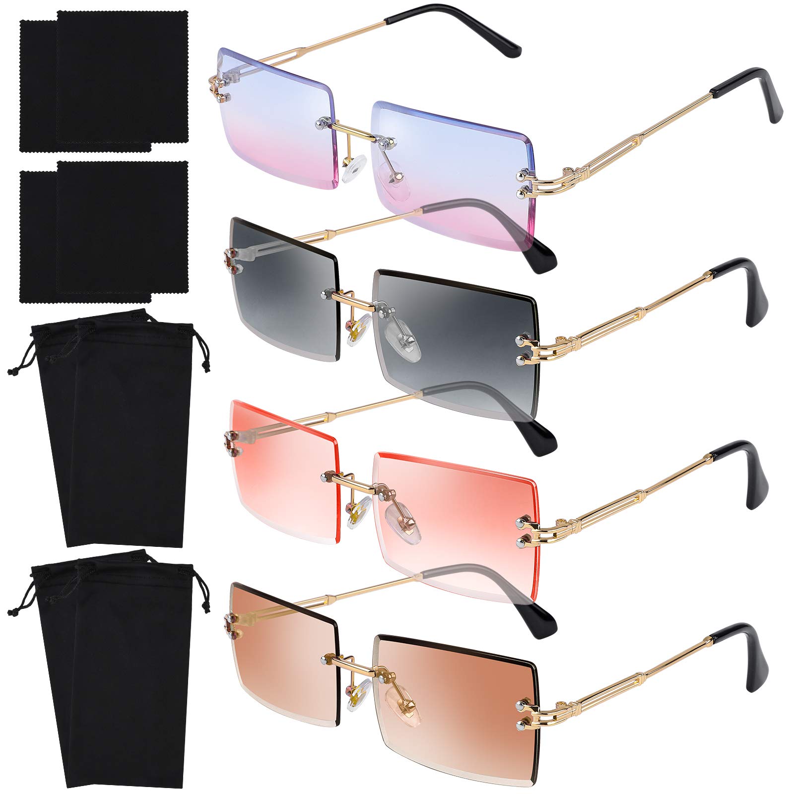 URATOT 4 Pack Vintage Rimless Rectangle Sunglasses - Retro Metal Frame Eyewear for Men & Women - Perfect for Driving, Beach, and Outdoor Activities