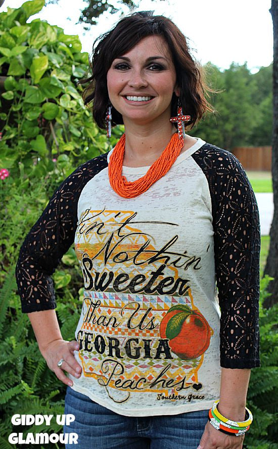 Georgia Peaches Baseball Burnout Tee with Black Crochet Lace Sleeves - Vintage Southern Style T-Shirt for Women - Perfect for Casual Outings, Game Days & Summer Fashion