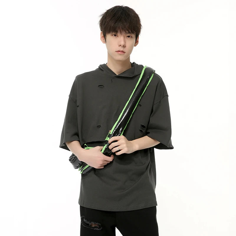 American Design Men's Casual T-Shirt - Round Neck Short Sleeve Loose Fit Pullover Top with Hood Hole | Summer Fashion Tee for Streetwear, Gym & Everyday Wear | Style 9C6376