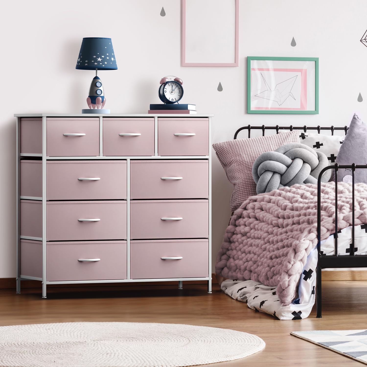 Sorbus 9-Drawer Storage Dresser - Wood Top & Steel Frame Fabric Bin Organizer for Bedroom, Hallway, Closet & Office - Solid Pink | Space-Saving Furniture for Small Apartments & Dorm Rooms