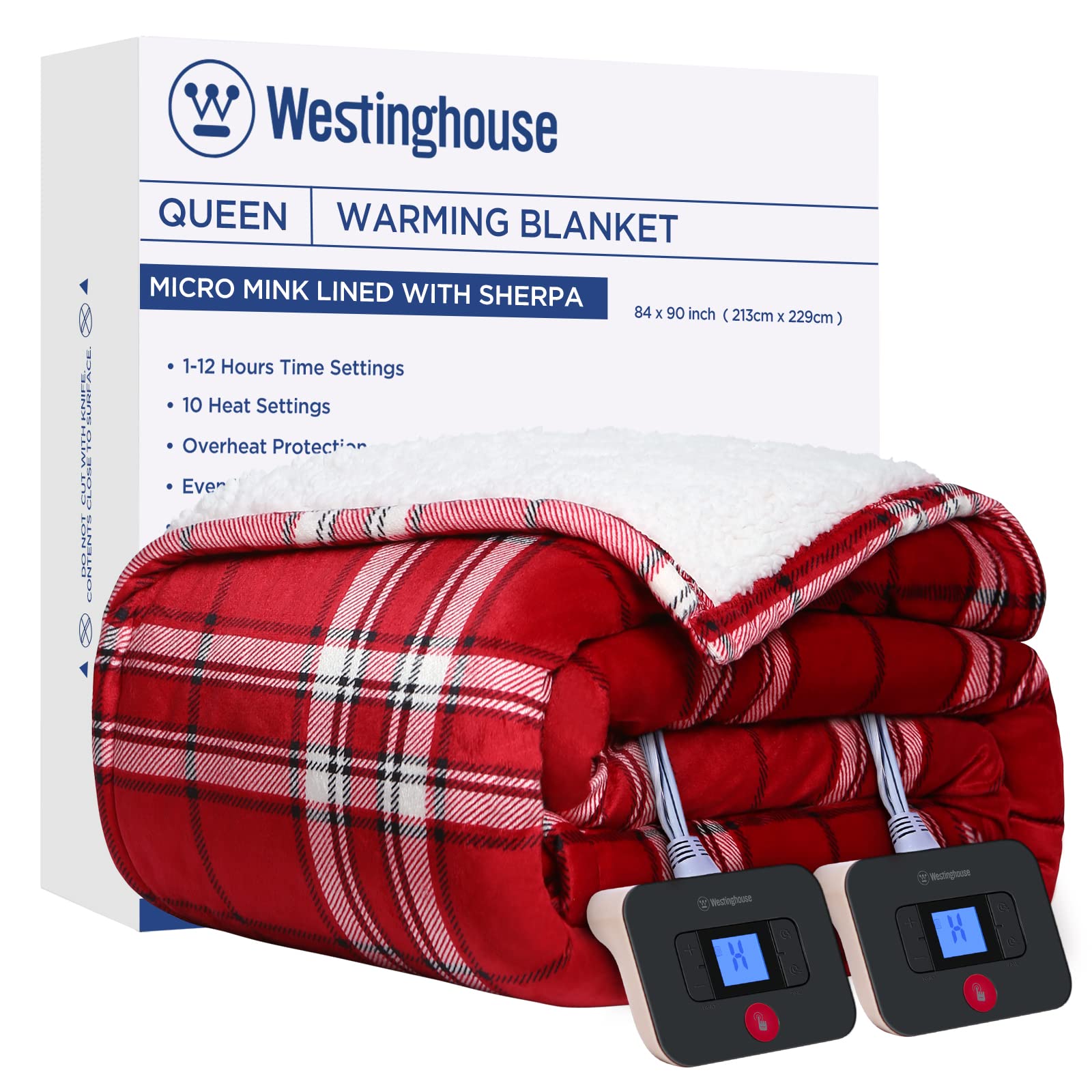 Westinghouse Electric Heated Blanket - Plaid Sherpa Heating Blanket with 10 Heat Settings & 1-12 Hour Timer, 84