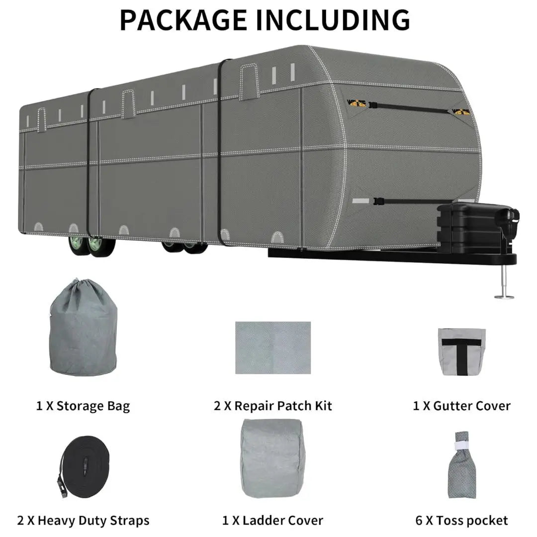 **Waterproof RV Cover for 34-37ft Travel Trailers - UV Resistant, Windproof Camper Cover with Extra Straps & Gutter Protection - Ideal for Outdoor Storage & Winter Protection**