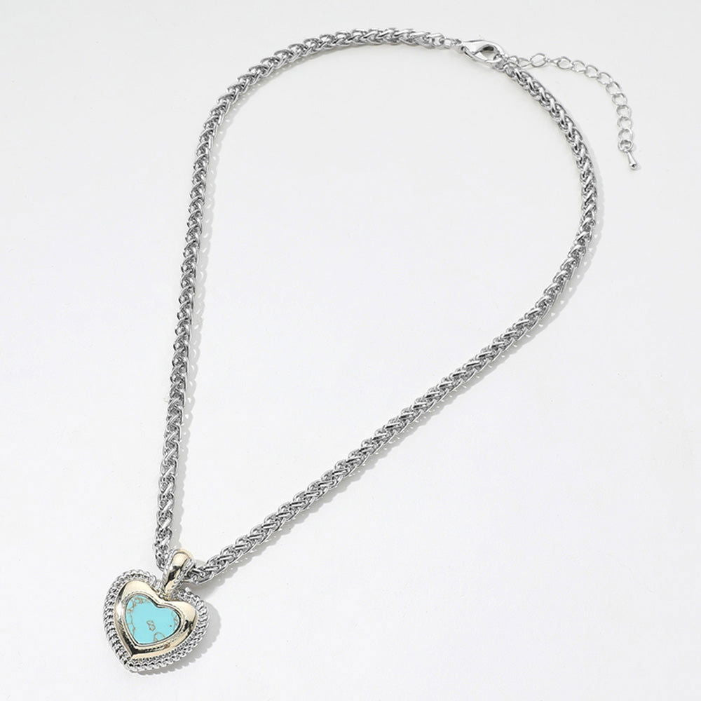 Western Turquoise Heart Stone Pendant Necklace - Two Tone Silver & Gold Jewelry for Women | Perfect for Boho Fashion, Gift Giving & Special Occasions