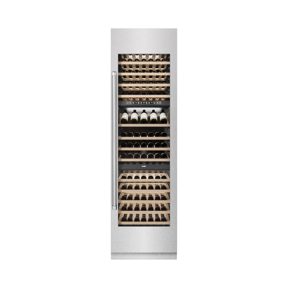 ZLINE 24 Inch 12.4 Cu Ft Triple Zone 100 Bottle Stainless Steel Wine Cooler Refrigerator - Perfect for Home Bars, Restaurants & Wine Cellars (RCWV SN 24)