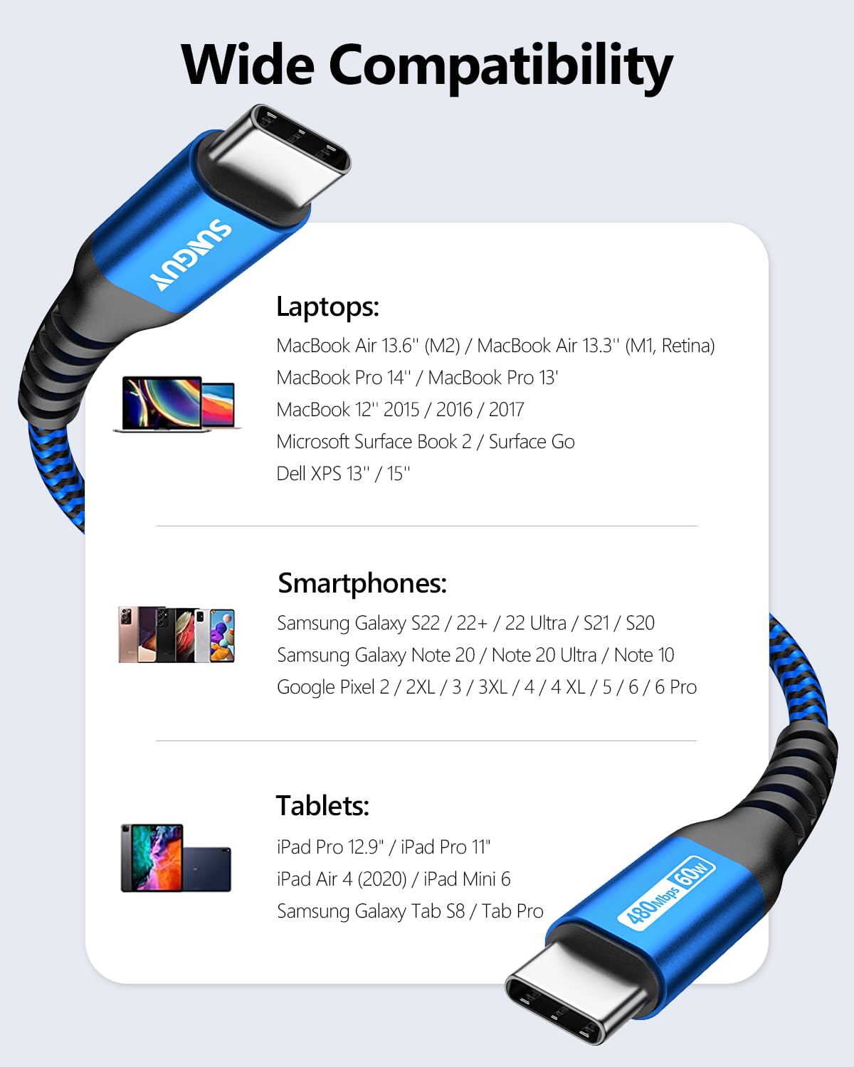 SUNGUY 2-Pack USB C to USB C Cable 0.5m, 480Mbps USB 2.0 Fast Charging Cord 60W PD Compatible with iPad Pro 2020, MacBook Pro, iPad Air 4, Samsung Galaxy S20/S10/S9, Huawei, Google Pixel, Nintendo Switch - Blue | Perfect for Home, Office & Travel Charging