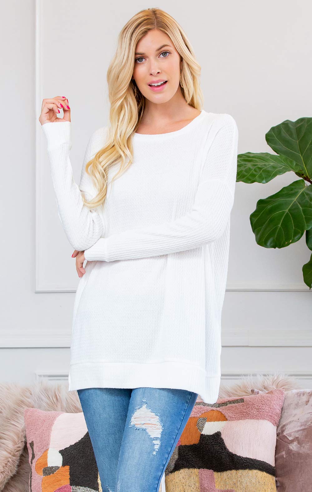 RIAH FASHION Women's Waffle Knit Henley T-Shirt Tunic - Soft Loose Fit Round Neck Long Sleeve Top for Casual Wear | Perfect for Fall Layering, Coffee Dates & Weekend Outfits