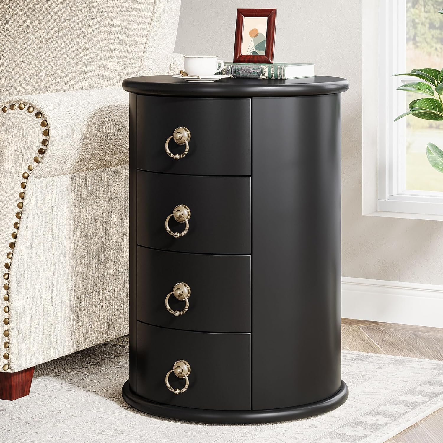 Round Wood End Table with 4 Drawers - Small Side Table for Living Room, Bedroom, or Office - Perfect for Storage and Decor