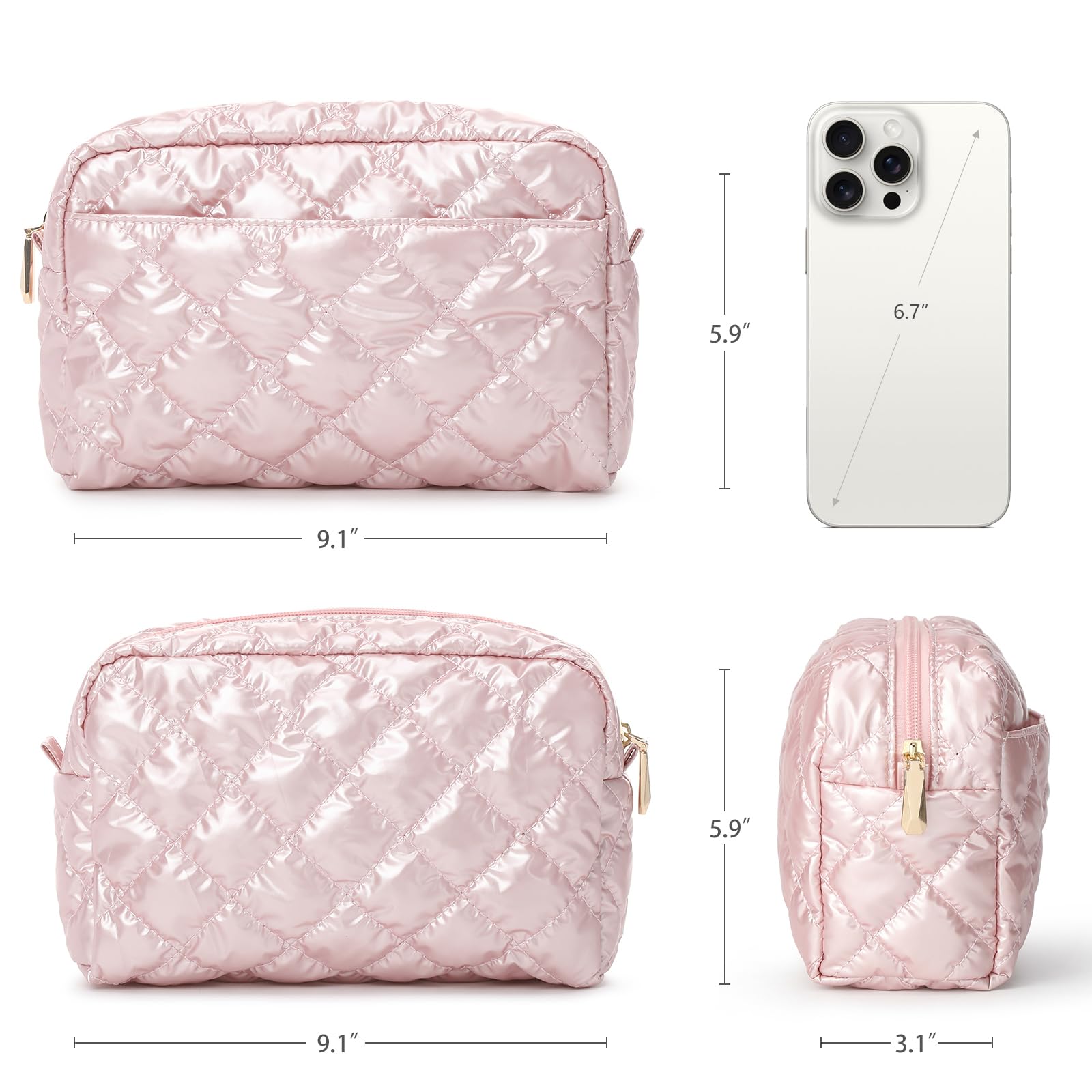 Waterproof Quilted Travel Cosmetic Bag with Zipper - Portable Makeup Organizer Pouch for Women, Puffer Toiletry Bag for Daily Use & Travel, Classy Gift Idea (Pink) - Perfect for Gym, Vacation, Business Trips & On-the-Go Touch Ups